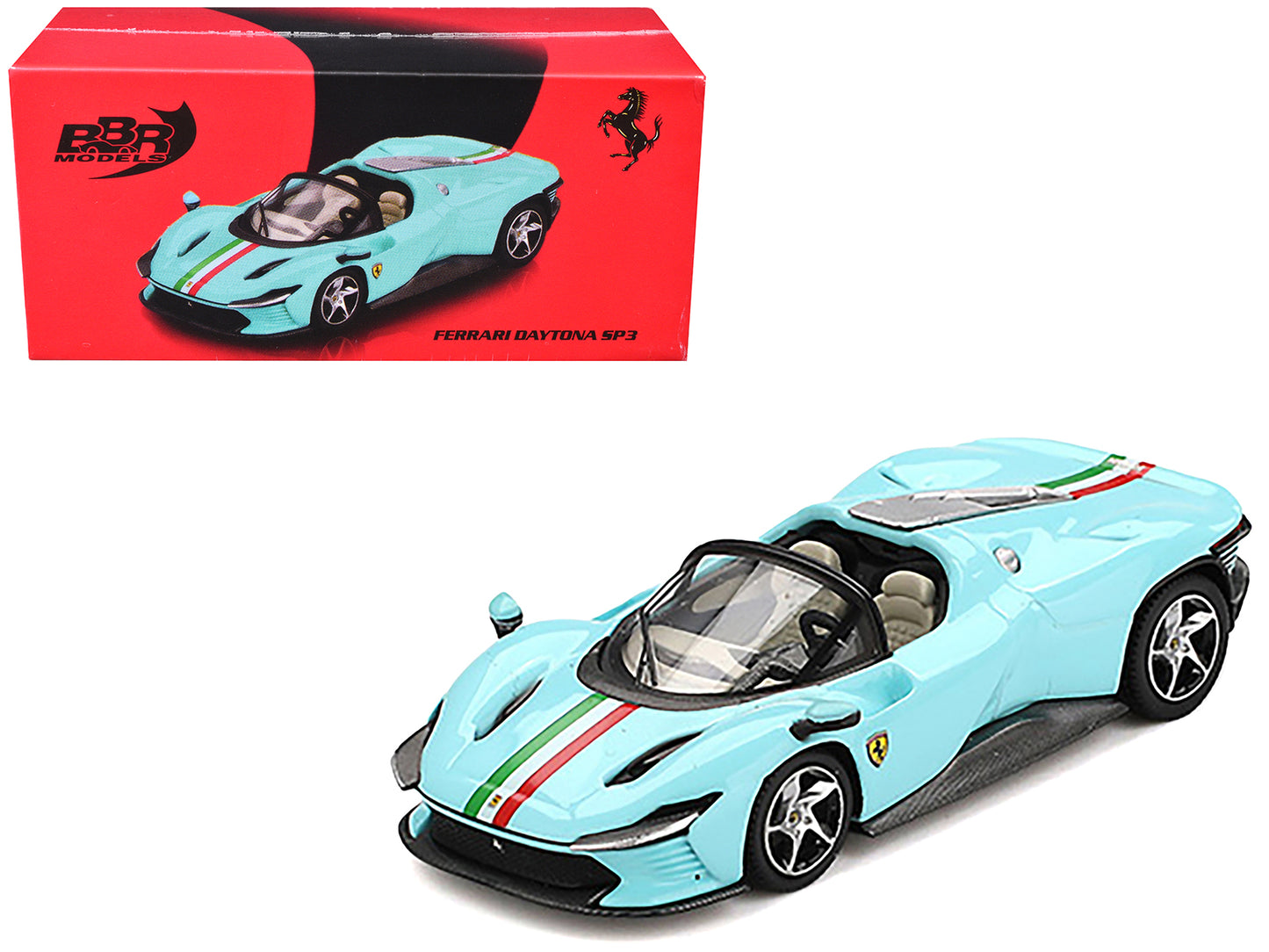 Ferrari Daytona SP3 Light Blue with Italian Flag Stripes 1/64 Diecast Model Car by BBR - Use code SHOPAPP15 to get 15 percent off