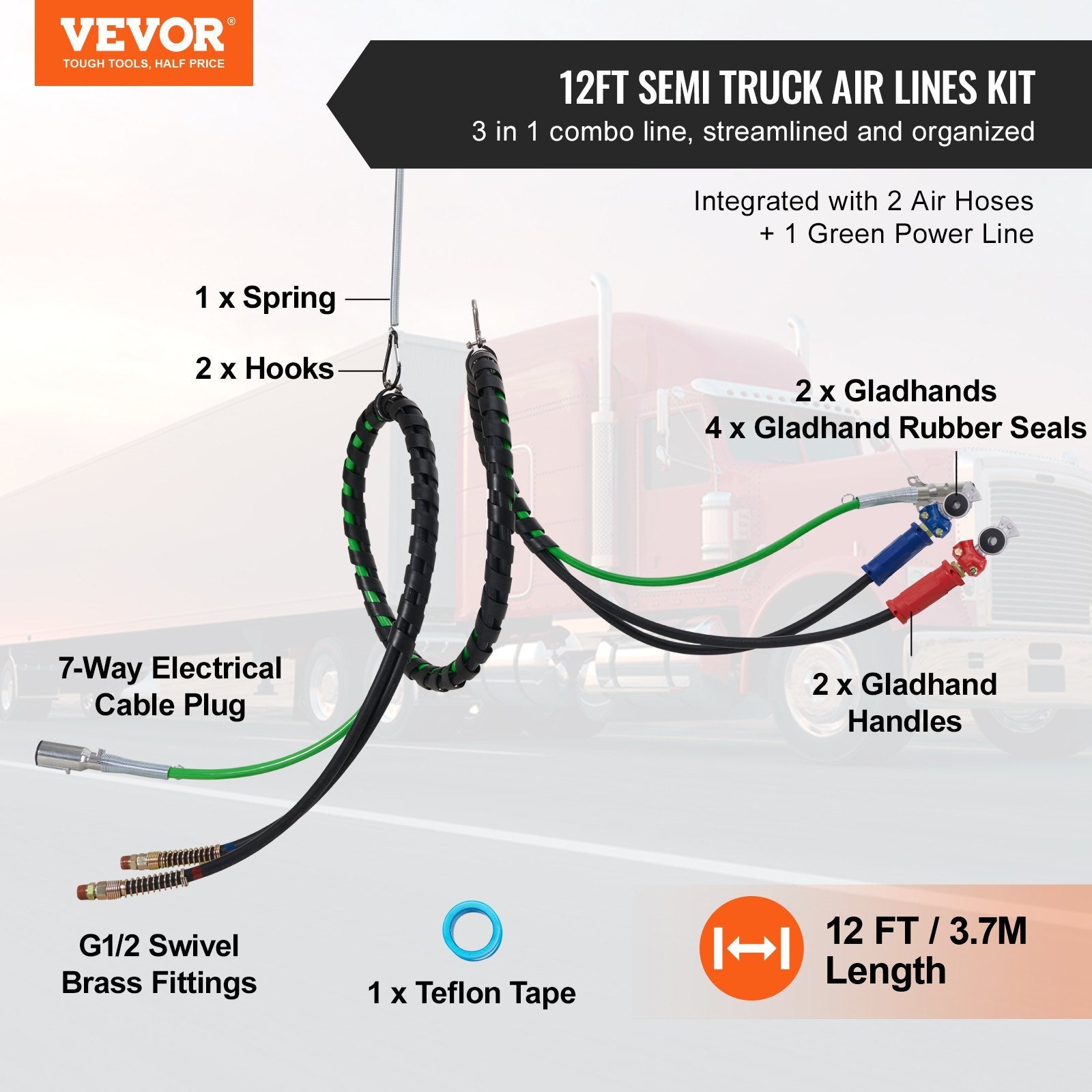 VEVOR 12FT Semi Truck Air Lines Kit with 2PCS Glad Hands, 3-in-1 Air Hoses & 7 Way ABS Electric Power Line, with 2PCS Gladhand Handles, 4PCS Seals and Tender Spring Kit for Semi Truck Trailer Tractor - Premium Brake System from VEVOR - Just $109.19! Shop now at Rapidvehicles