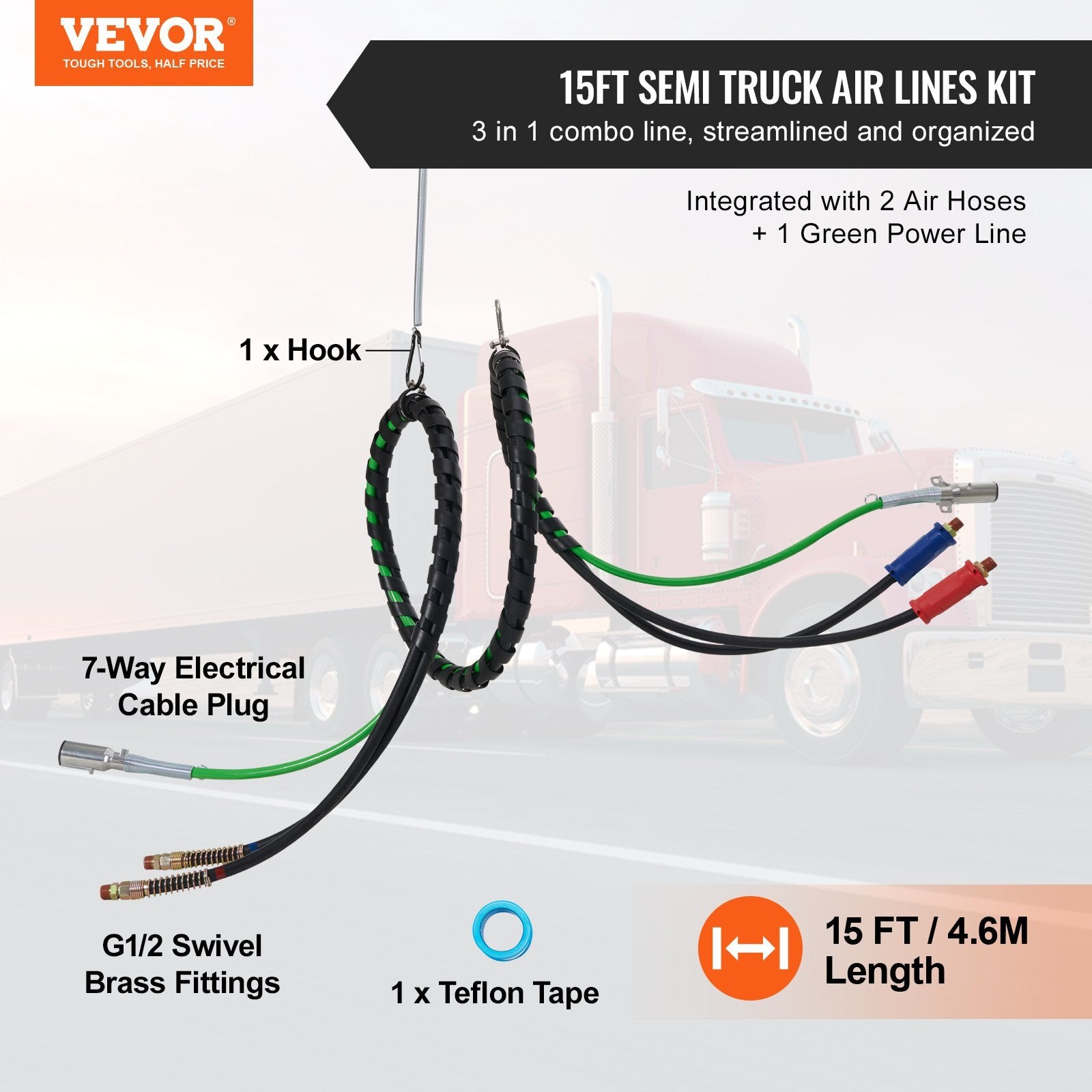 VEVOR 15FT Semi Truck Air Lines Kit, 3-in-1 Air Hoses & ABS Power Line for Semi Truck Trailer Tractor, 7-Way Plug Electrical Cord Cable and Rubber Air Lines Hose Assembly Kit with Hook & Teflon Tape - Premium Brake System from VEVOR - Just $107.79! Shop now at Rapidvehicles