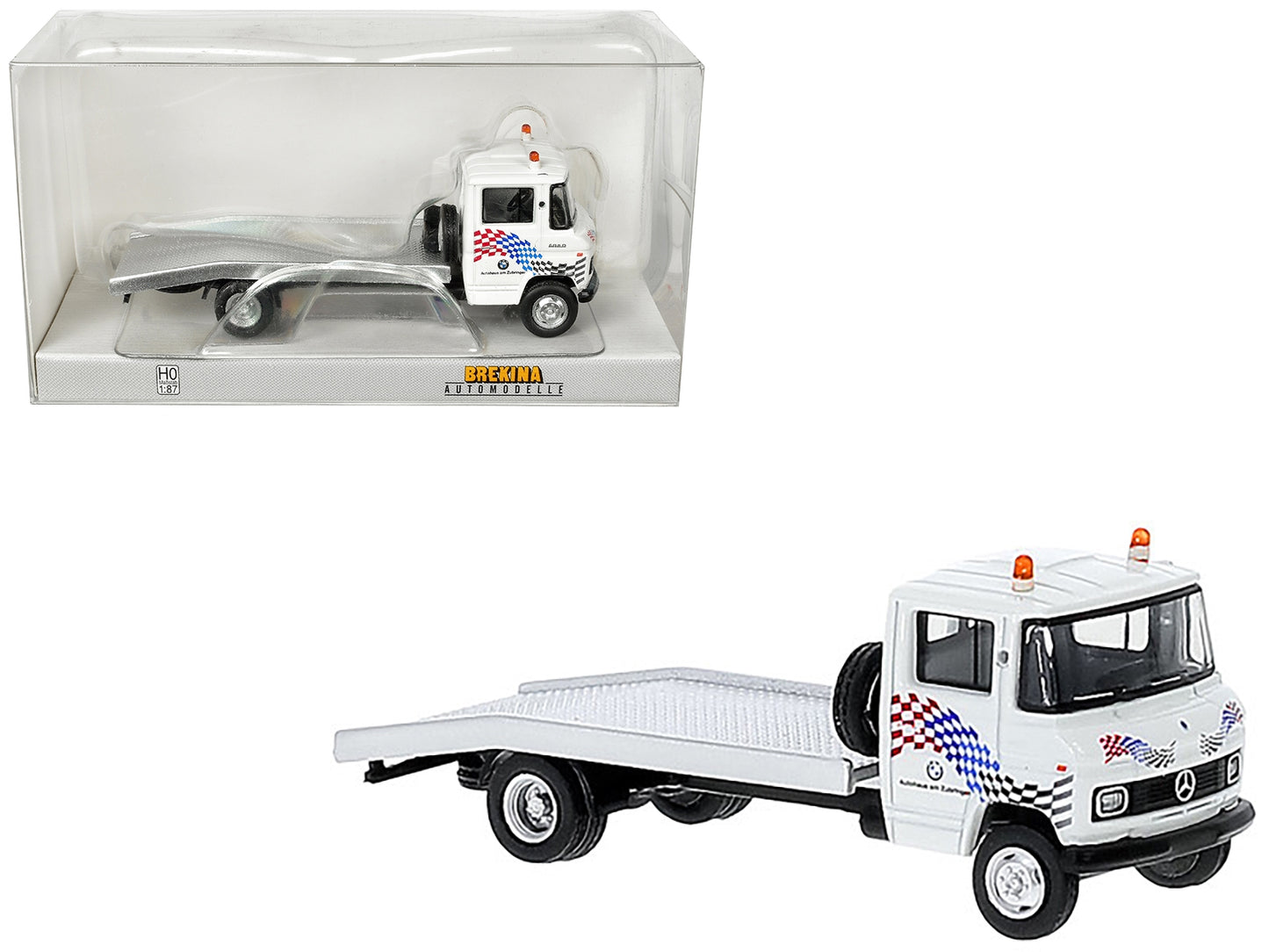 1968 Mercedes-Benz L 608 D Flatbed Truck White with Graphics "BMW - Premium Mercedes Models from Brekina - Just $52.19! Shop now at Rapidvehicles