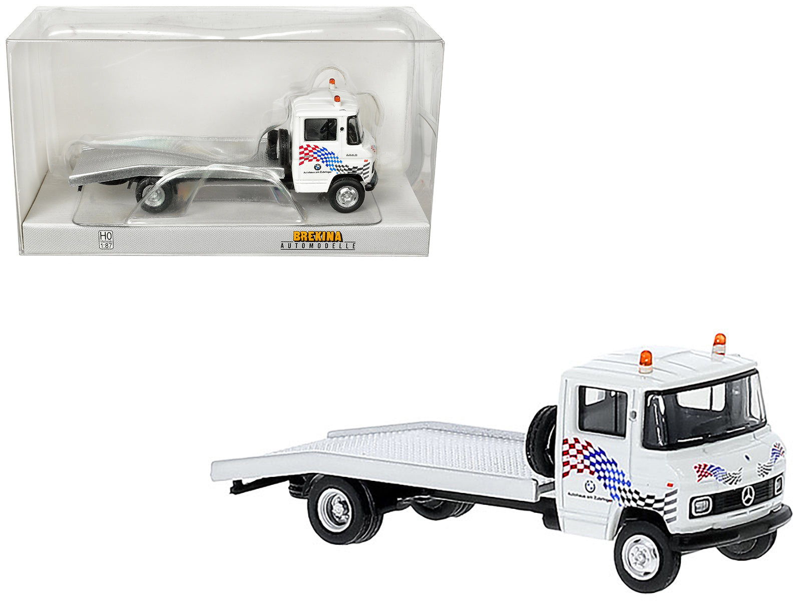 1968 Mercedes-Benz L 608 D Flatbed Truck White with Graphics "BMW Autohaus" 1/87 (HO) Scale Model Car by Brekina free shipping USA