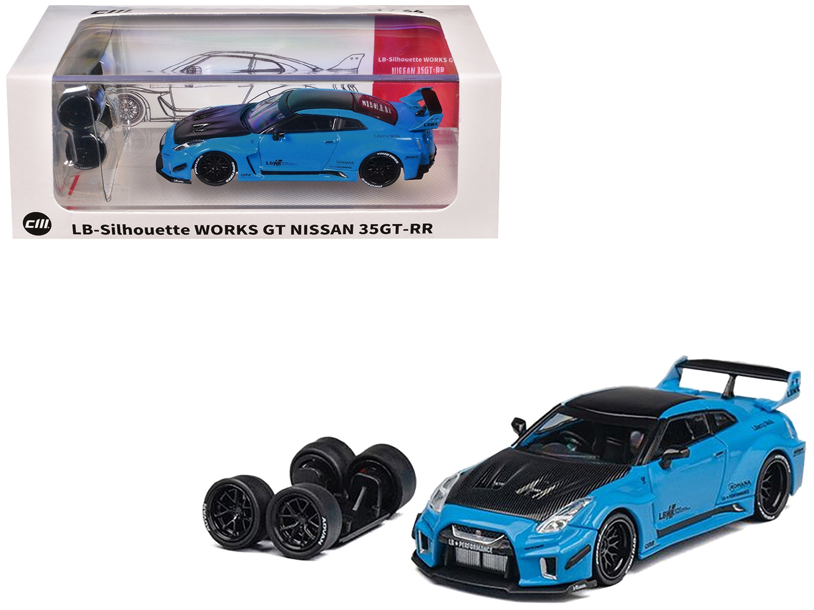 Nissan 35GT-RR "LB-Silhouette Works GT" RHD (Right Hand Drive) Blue with Carbon Hood and Black Top with Extra Wheels 1/64 Diecast Model Car by CM Models - Premium Nissan Models from CM Models - Just $48.53! Shop now at Rapidvehicles