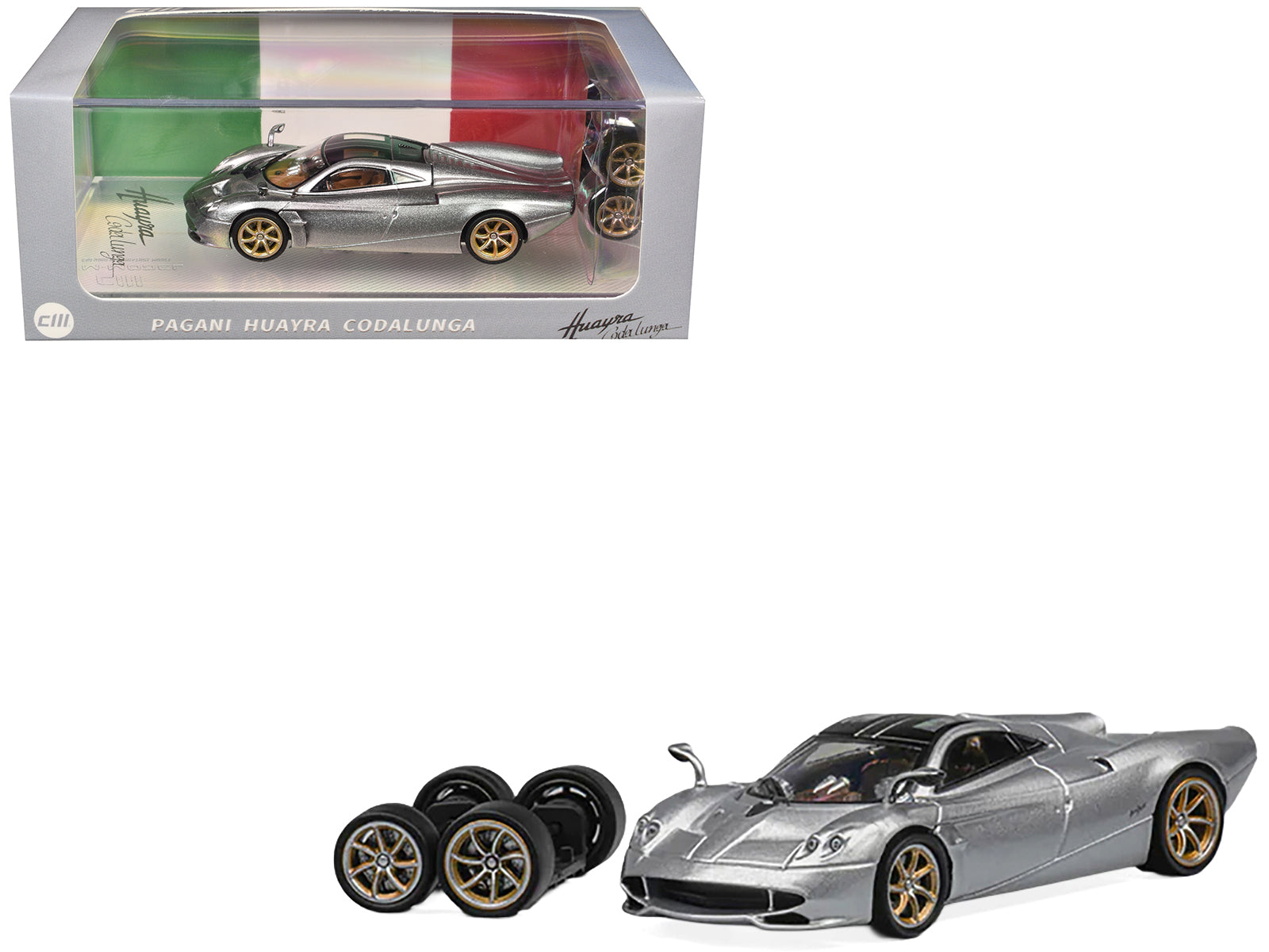 Pagani Huayra Codalunga Silver Metallic with Sunroof and Extra Wheels 1/64 Diecast Model Car by CM Model free shipping USA
