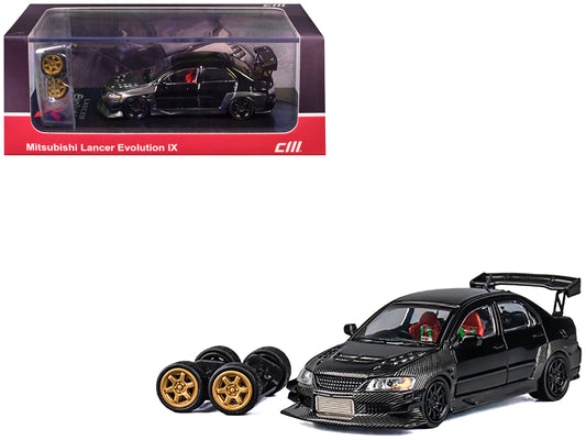 Mitsubishi Lancer Evolution IX RHD (Right Hand Drive) Black and Carbon with Extra Wheels 1/64 Diecast Model Car by CM Model