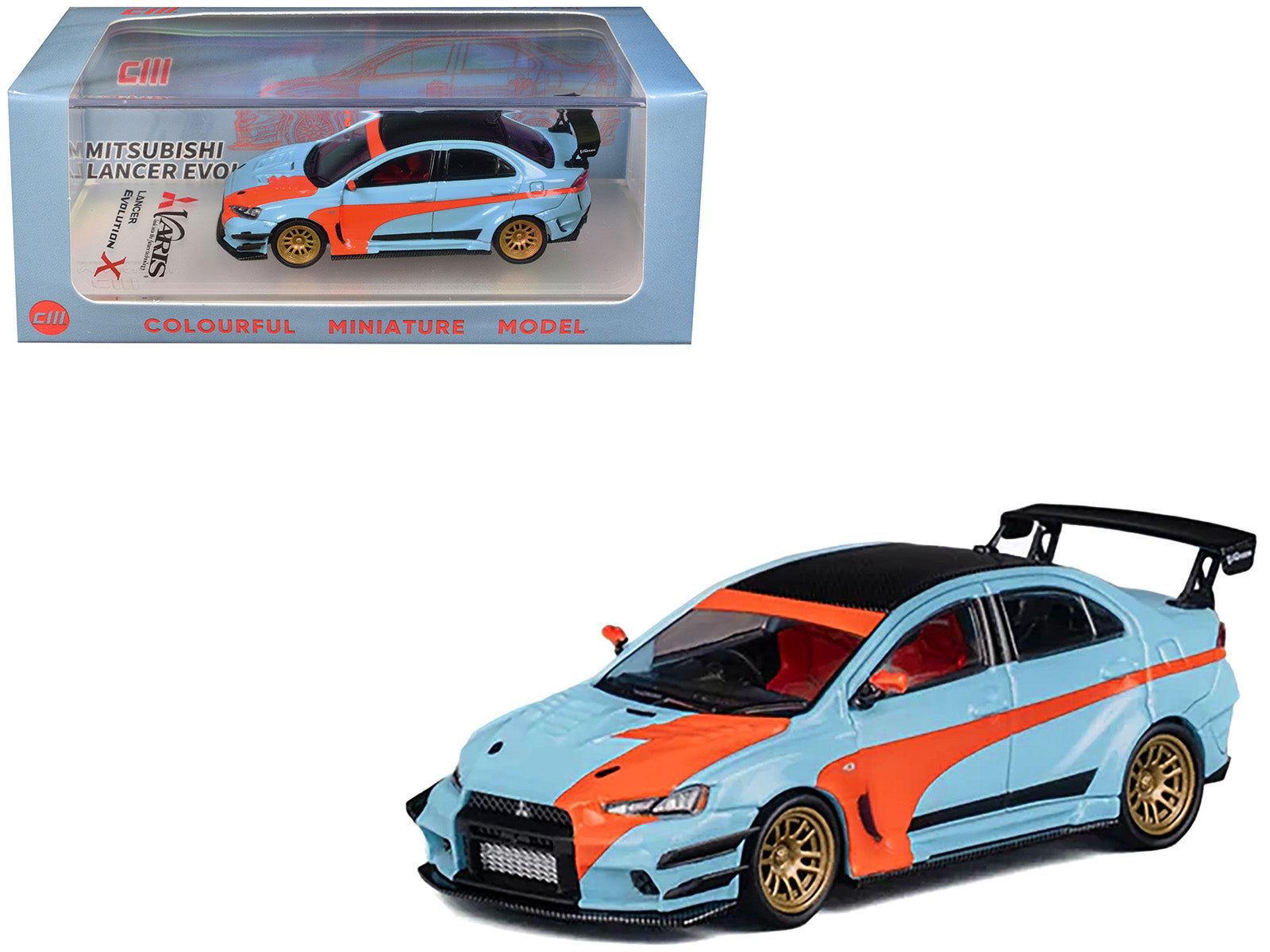 Mitsubishi Lancer Evolution X Varis RHD (Right Hand Drive) Light Blue with Black Top and Orange Stripes 1/64 Diecast Model Car by CM Model free shipping USA