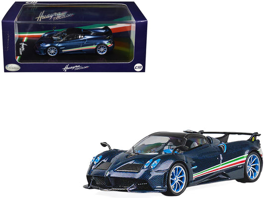 Pagani Huayra Tricolore Blue Carbon Metallic with Black Carbon Top and Italian Flag Stripes 1/64 Diecast Model Car by CM Model