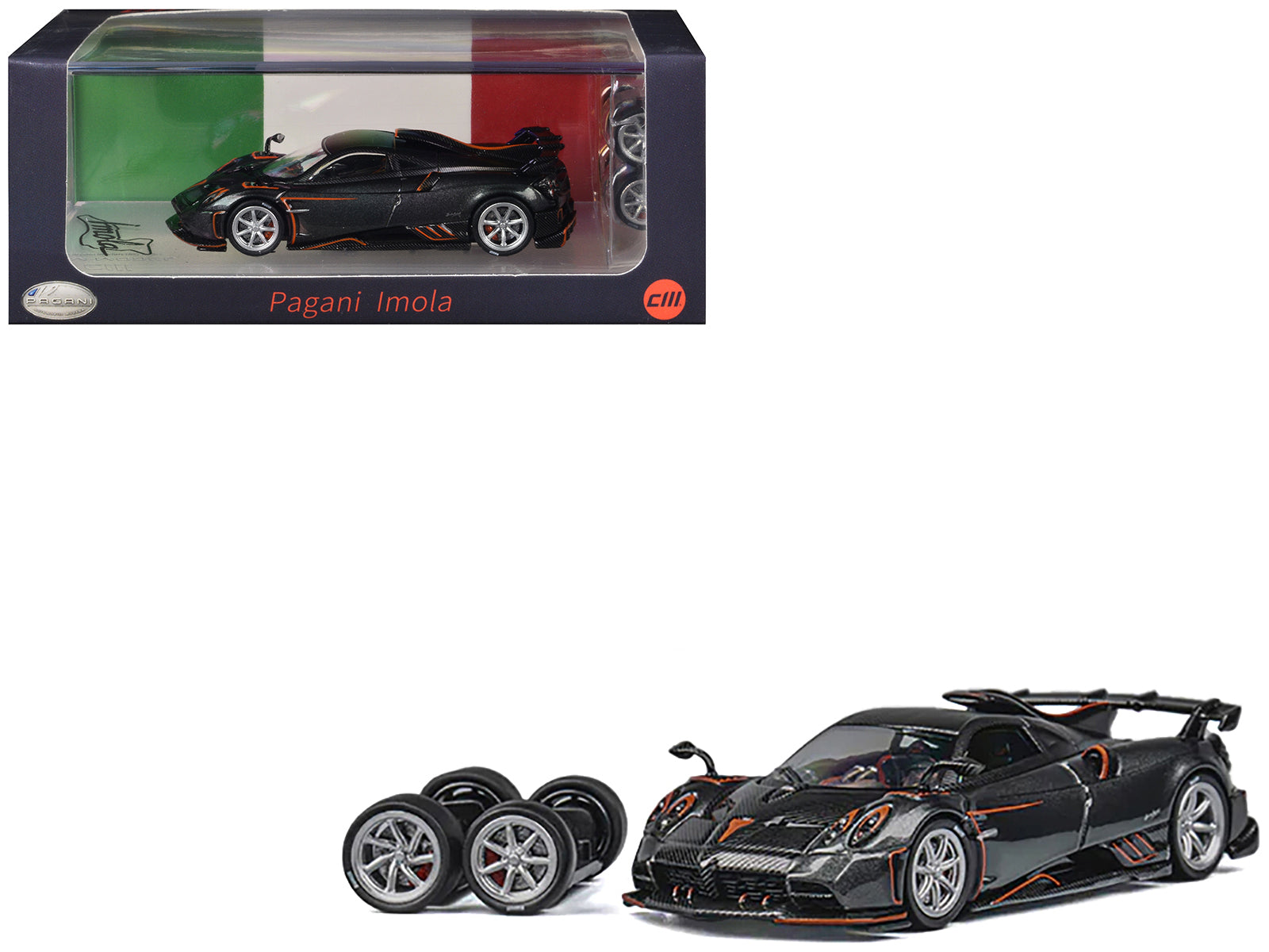 Pagani Imola Dark Gray Metallic with Carbon and Orange Accents with Extra Wheels 1/64 Diecast Model Car by CM Model free shipping USA