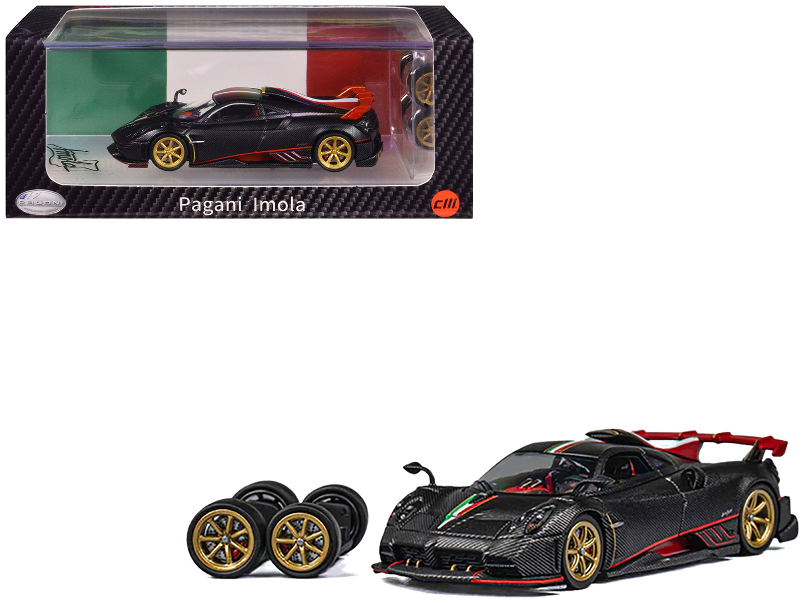 Pagani Imola Black Carbon with Italian Flag Stripes with Extra Wheels 1/64 Diecast Model Car by CM Model free shipping USA
