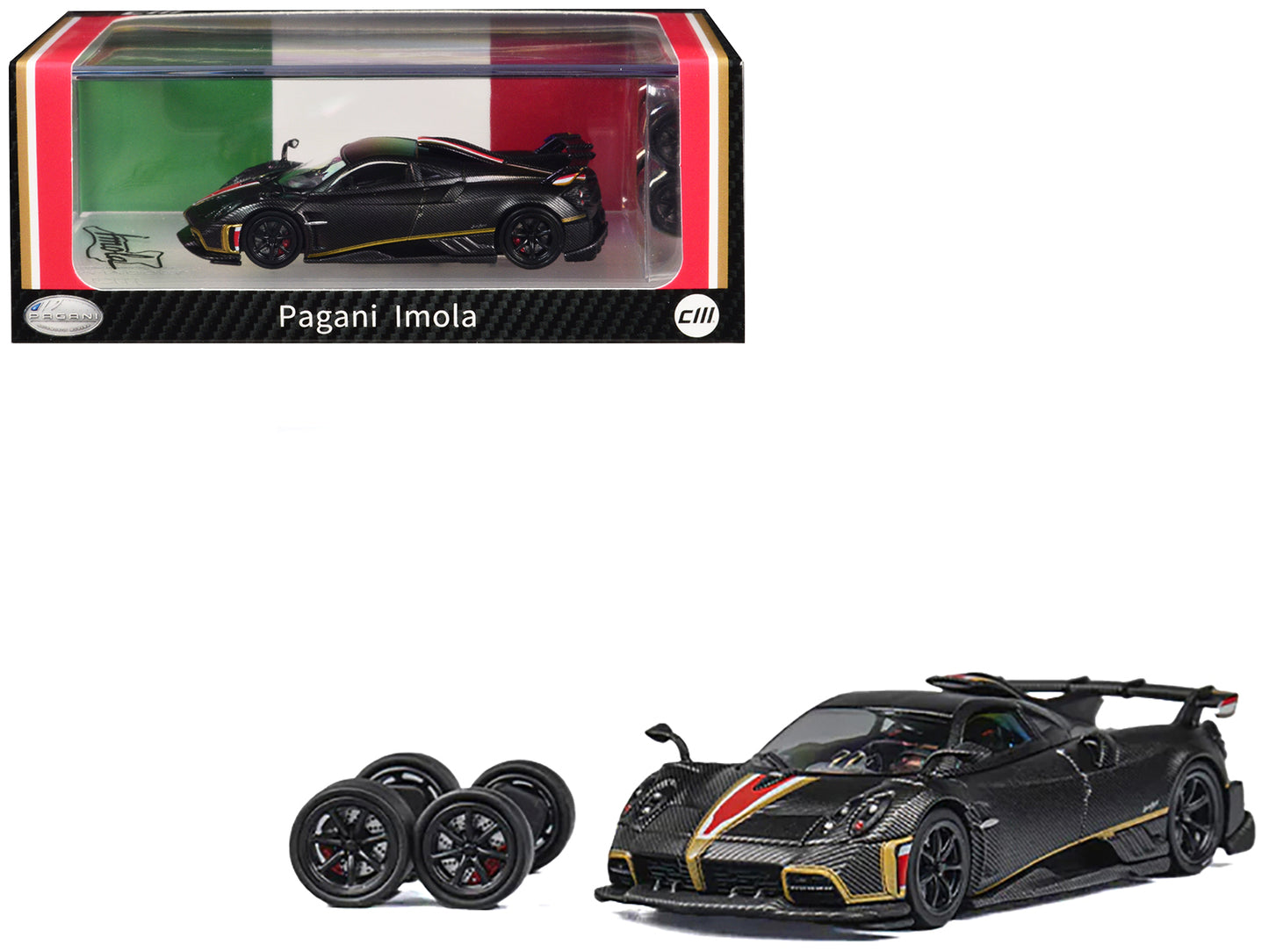 Pagani Imola Black Carbon with Red and Gold Stripes with Extra Wheels 1/64 Diecast Model Car by CM Model