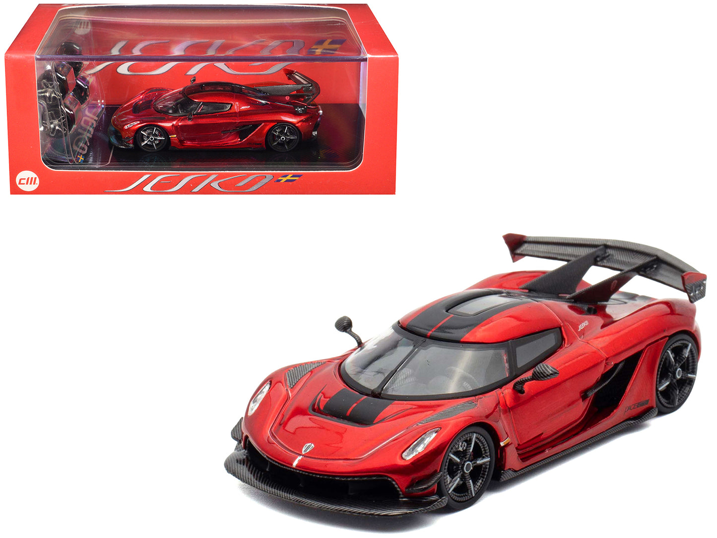 Koenigsegg Jesko Red Metallic with Black Stripes with Extra Wheels 1/64 Diecast Model Car by CM Model - Use code SHOPAPP15 to get 15 percent off