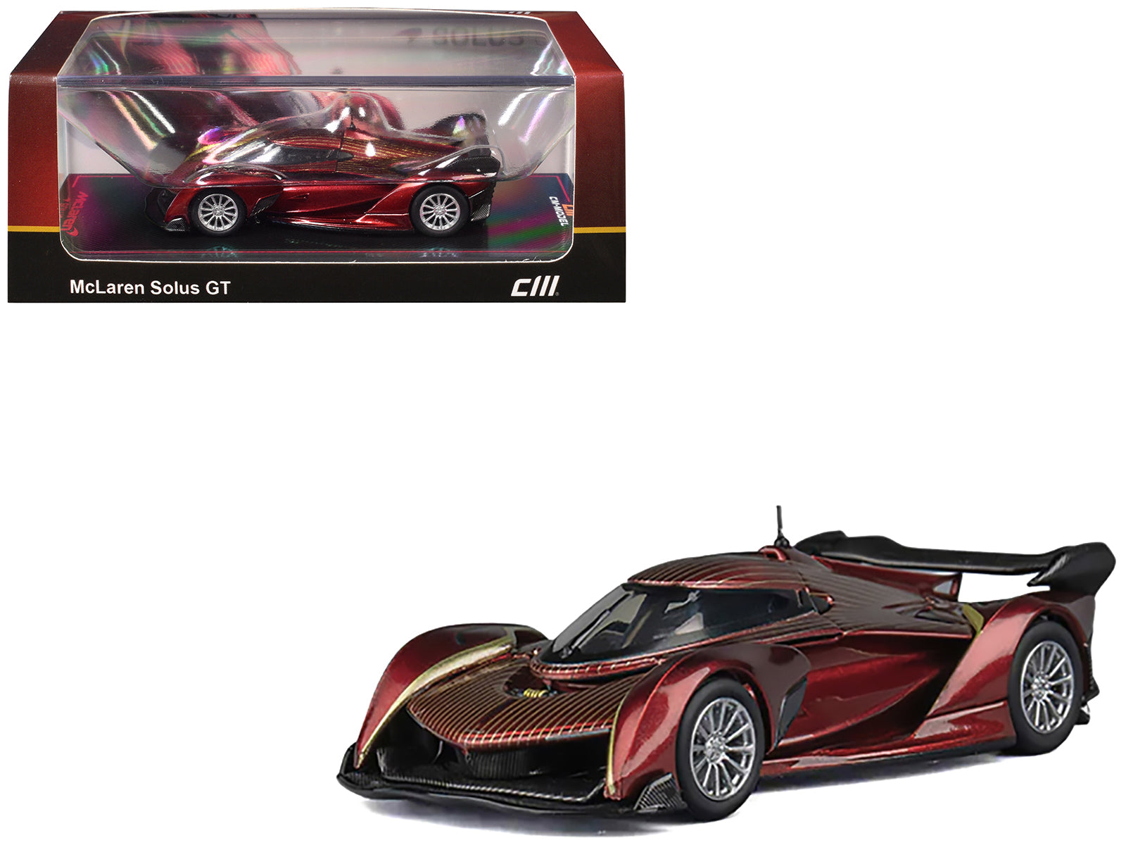 McLaren Solus GT Wine Red Metallic with Gold Stripes 1/64 Diecast Model Car by CM Model free shipping USA