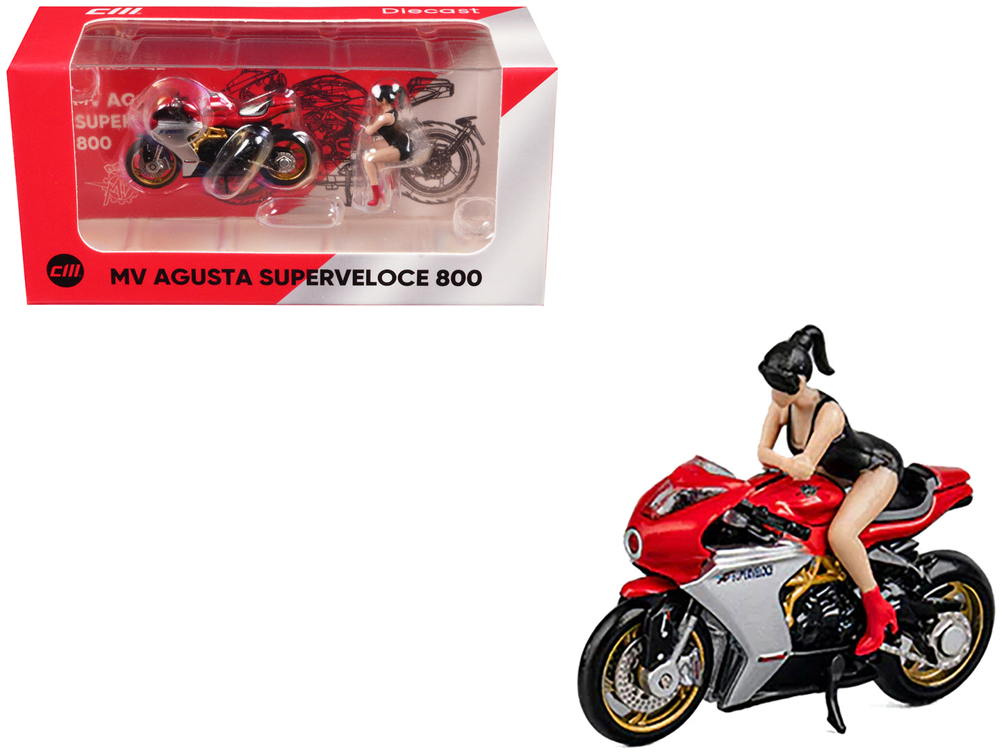 MV Agusta Superveloce 800 Motorcycle Red and Silver with Figure 1/64 Diecast Model by CM Model