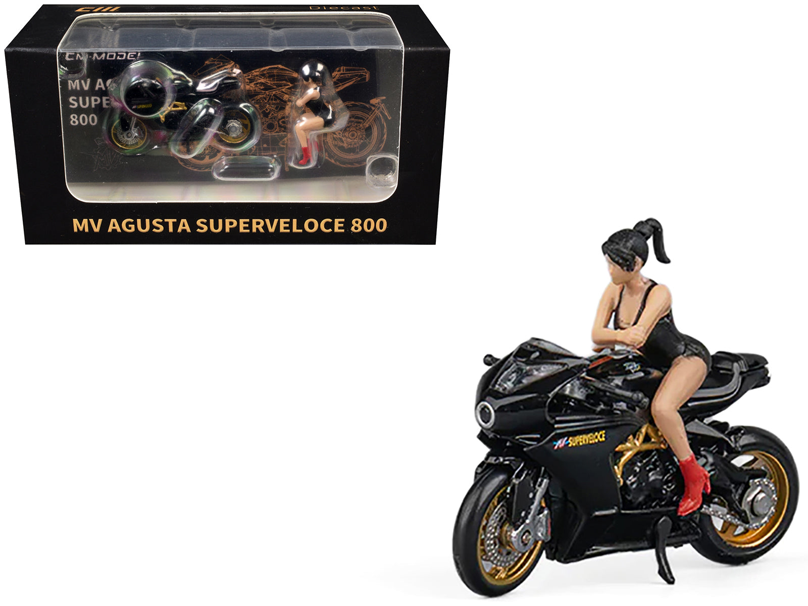 MV Agusta Superveloce 800 Motorcycle Black and Gold with Figure 1/64 Diecast Model by CM Model free shipping USA