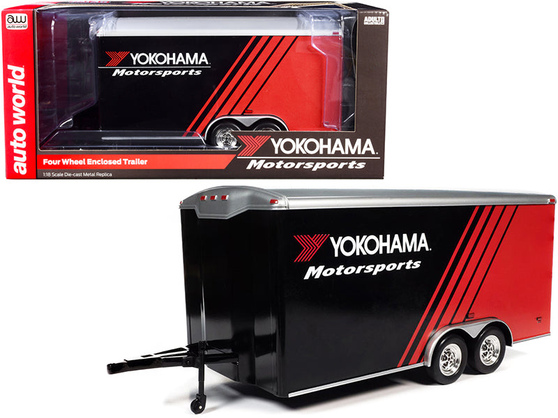 Four Wheel Enclosed Car Trailer "Yokohama Motorsports" Black and Red for 1/18 Scale Model Cars by Auto World  free shipping USA