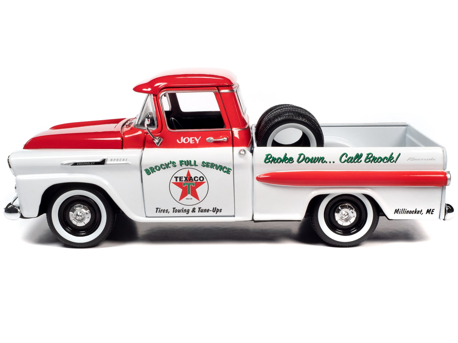 1958 Chevrolet Apache Fleetside Pickup Truck White and Red "Brock's Full Service - Texaco" with Tires in Truck Bed 1/24 Diecast Model Car by Auto World - Premium Pickup Trucks Models from Autoworld - Just $74.99! Shop now at Rapidvehicles