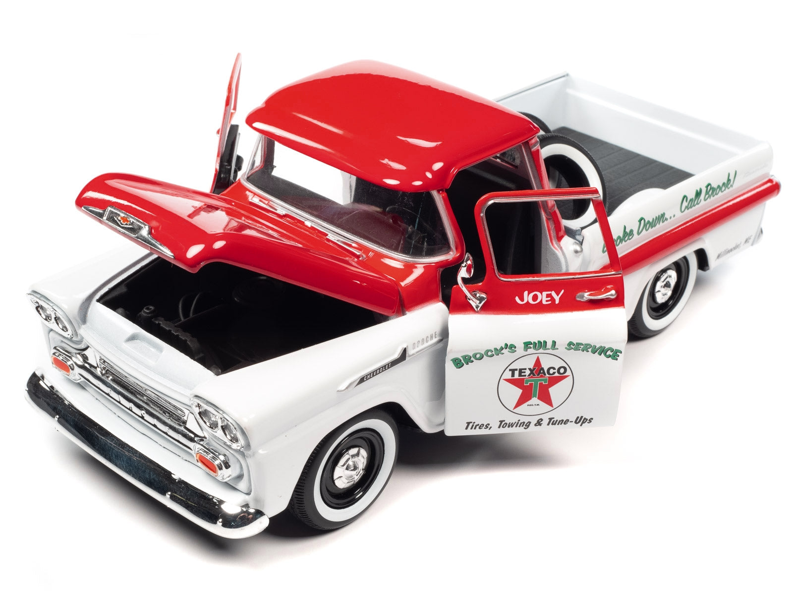 1958 Chevrolet Apache Fleetside Pickup Truck White and Red "Brock's Full Service - Texaco" with Tires in Truck Bed 1/24 Diecast Model Car by Auto World - Premium Pickup Trucks Models from Autoworld - Just $74.99! Shop now at Rapidvehicles