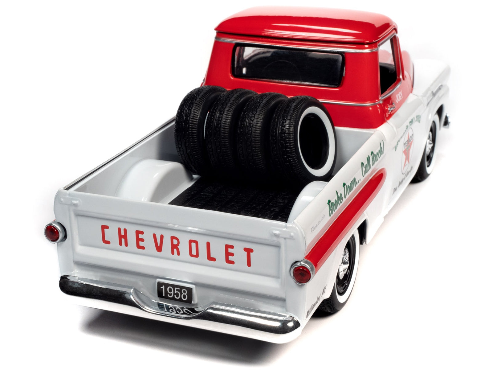 1958 Chevrolet Apache Fleetside Pickup Truck White and Red "Brock's Full Service - Texaco" with Tires in Truck Bed 1/24 Diecast Model Car by Auto World - Premium Pickup Trucks Models from Autoworld - Just $74.99! Shop now at Rapidvehicles