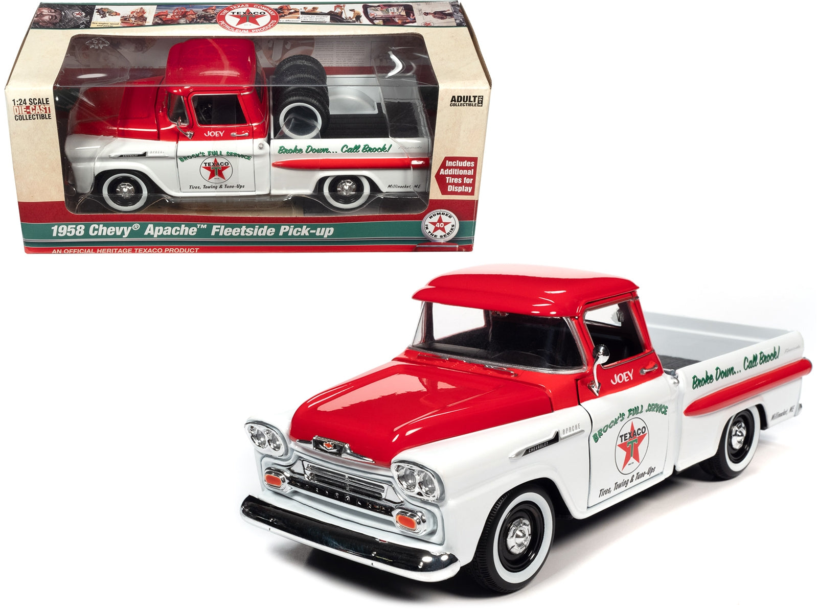 1958 Chevrolet Apache Fleetside Pickup Truck White and Red "Brock's Full Service - Texaco" with Tires in Truck Bed 1/24 Diecast Model Car by Auto World - Premium Pickup Trucks Models from Autoworld - Just $74.99! Shop now at Rapidvehicles