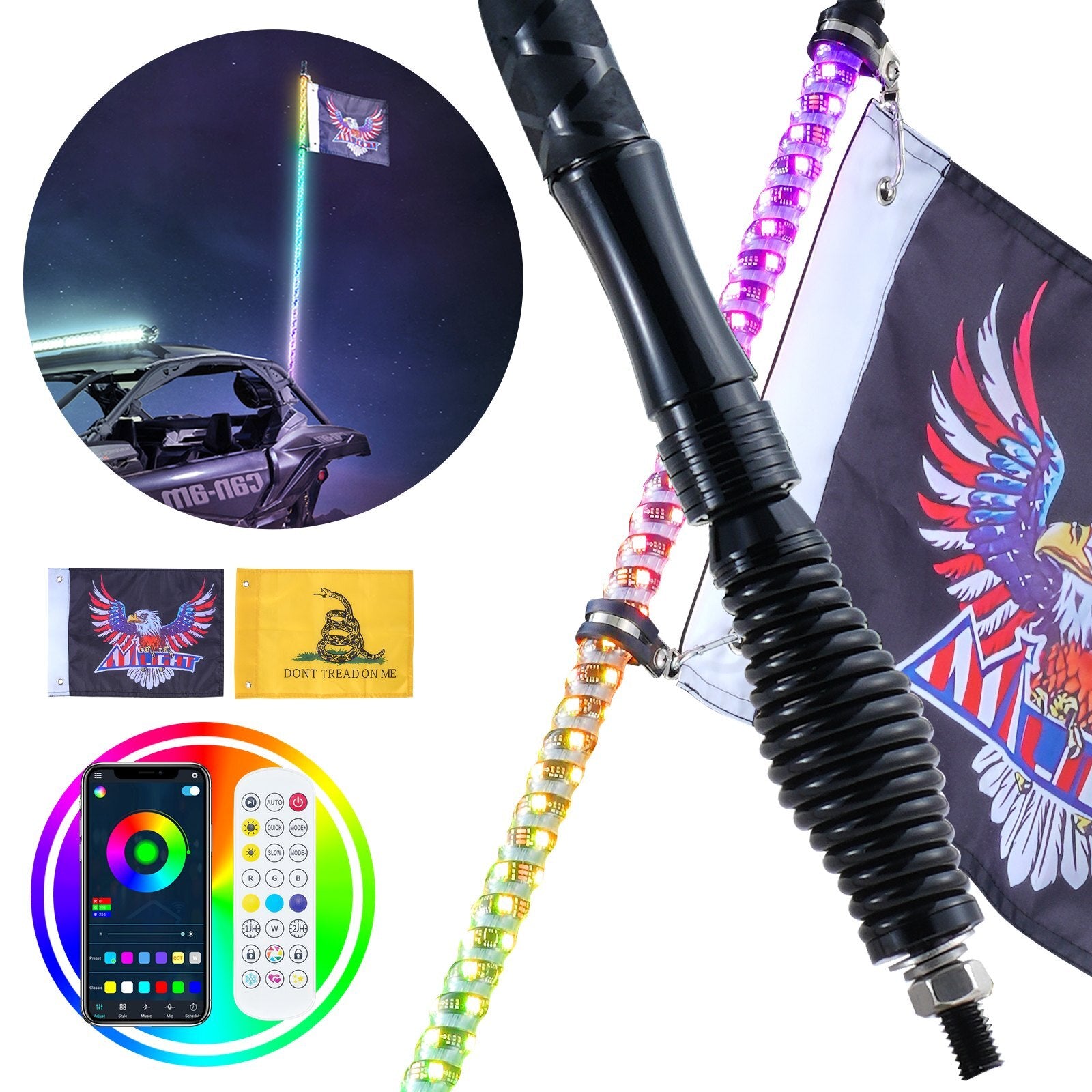 VEVOR 1 PC 3 FT Whip Light with Spring Base, Led Whip Light with APP & Remote Control, Waterproof 360? Spiral RGB Chasing Lighted Whip with 2 Flags, for UTVs, ATVs, Motorcycles, RZR, Can-am, Go-karts - Premium Whip Lights from VEVOR - Just $75.39! Shop now at Rapidvehicles