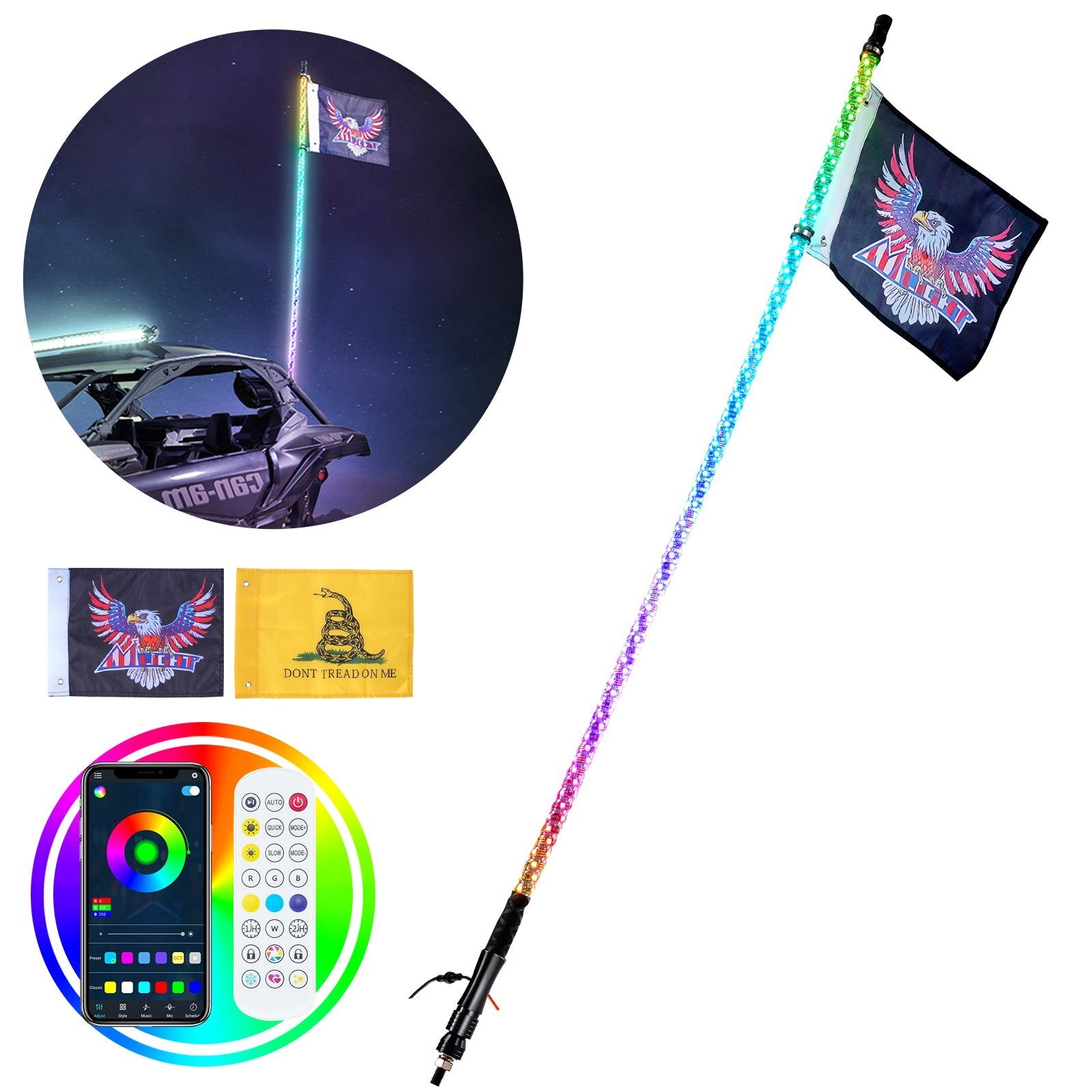 VEVOR 1 PC 3 FT Whip Light, APP & RF Remote Control Led Whip Light, Waterproof 360? Spiral RGB Chasing Lighted Whips with 2 Flags, for UTVs, ATVs, Motorcycles, RZR, Can-am, Trucks, Off-road, Go-karts - Premium Whip Lights from VEVOR - Just $70.95! Shop now at Rapidvehicles