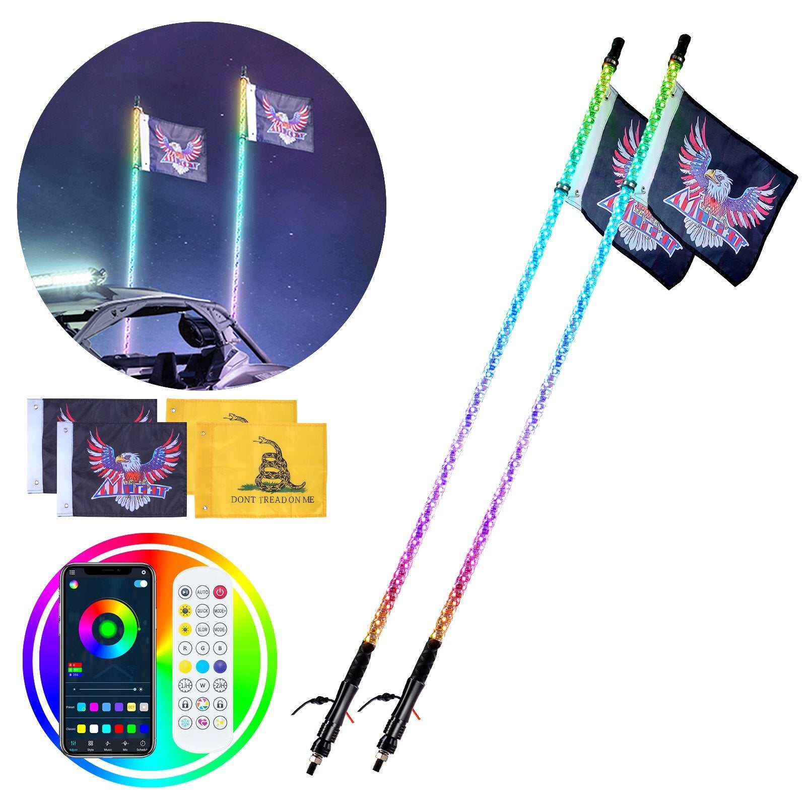 VEVOR 2 PCS 3 FT Whip Light, APP & RF Remote Control Led Whip Light, Waterproof 360? Spiral RGB Chasing Lighted Whips with 4 Flags, for UTVs, ATVs, Motorcycles, RZR, Can-am, Trucks, Off-road, Go-karts - Premium Whip Lights from VEVOR - Just $97.14! Shop now at Rapidvehicles