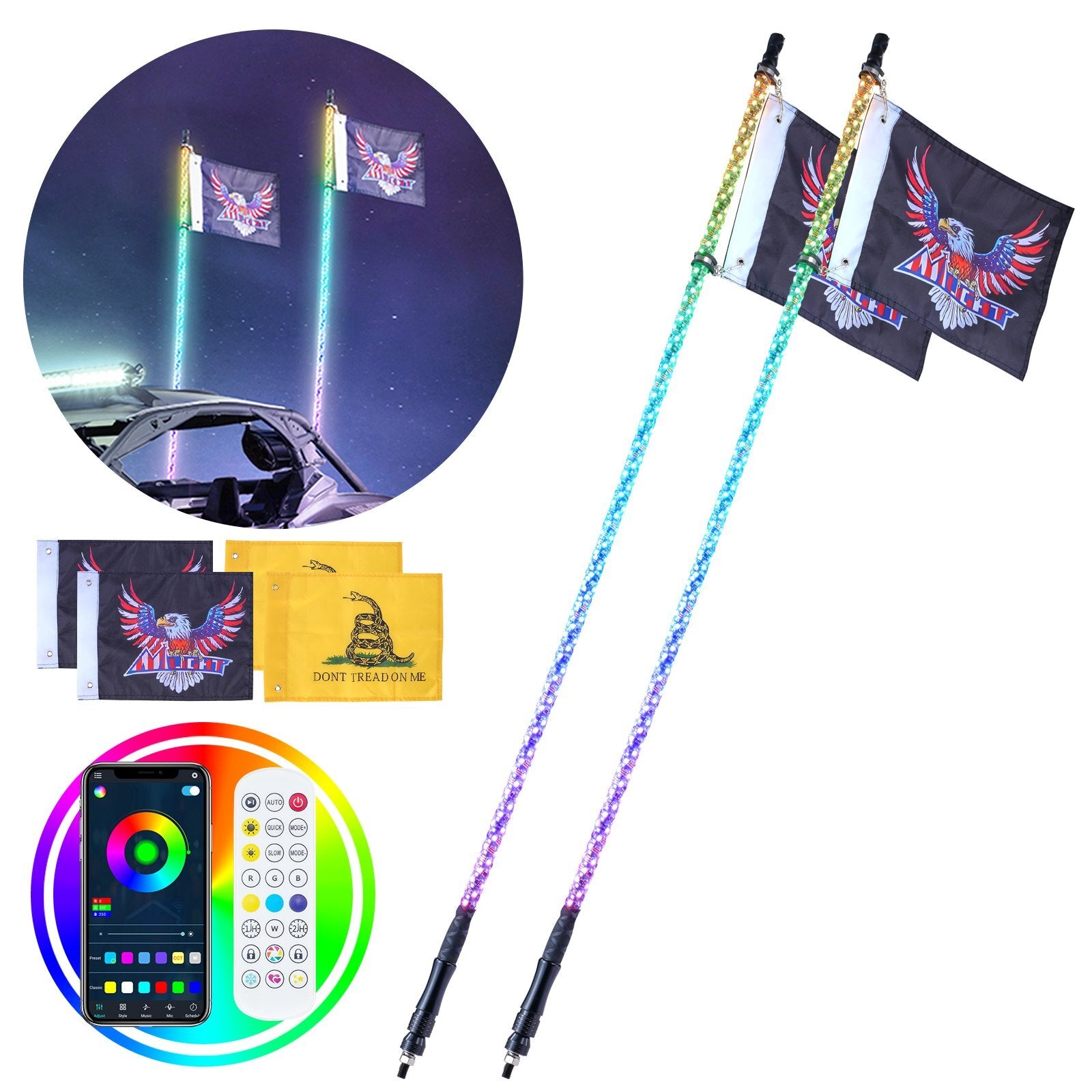 VEVOR 2 PCS 5 FT Whip Light, APP & RF Remote Control Led Whip Light, Waterproof 360? Spiral RGB Chasing Lighted Whips with 4 Flags, for UTVs, ATVs, Motorcycles, RZR, Can-am, Trucks, Off-road, Go-karts - Premium Whip Lights from VEVOR - Just $135.35! Shop now at Rapidvehicles