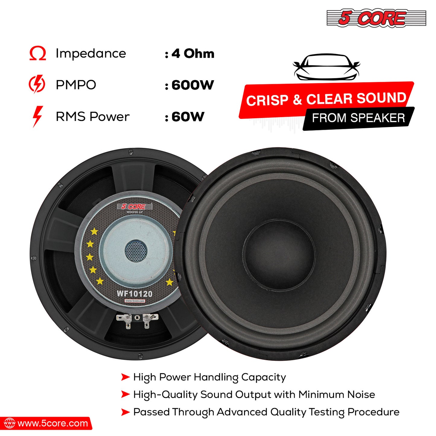 5 Core 10 Inch Subwoofer Speaker 600W Peak 4 Ohm Replacement Car Audio Bass Sub Woofer with 30 Oz Magnet- WF 10120 4OHM - Premium Car Subwoofers & Enclosures from 5 Core - Just $39.61! Shop now at Rapidvehicles