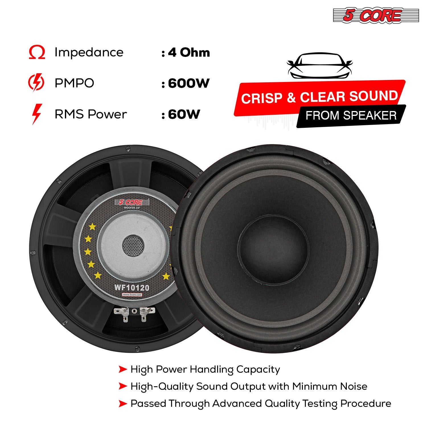 5 Core 10 Inch Subwoofer Speaker 600W Peak 4 Ohm Replacement Car Audio Bass Sub Woofer with 30 Oz Magnet - WF 10120 4OHM - Premium Car Subwoofers & Enclosures from 5 Core - Just $67.21! Shop now at Rapidvehicles