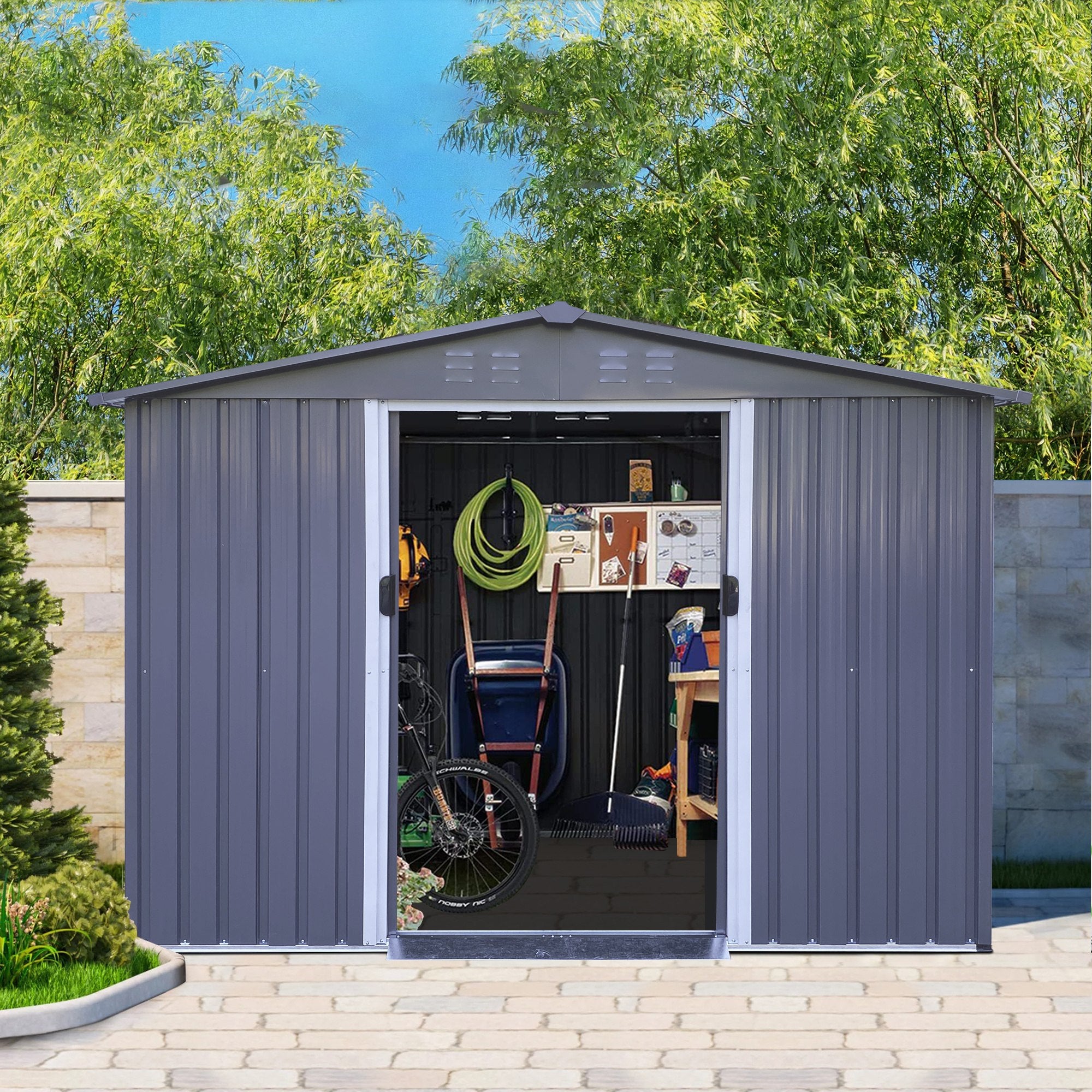 Outdoor Storage Shed 8 x 6 FT Large Metal Tool Sheds, Heavy Duty Storage House with Sliding Doors with Air Vent for Backyard Patio Lawn to Store Bikes, Tools, Lawnmowers Dark Grey - Premium Carports from Rapidvehicles - Just $459.92! Shop now at Rapidvehicles