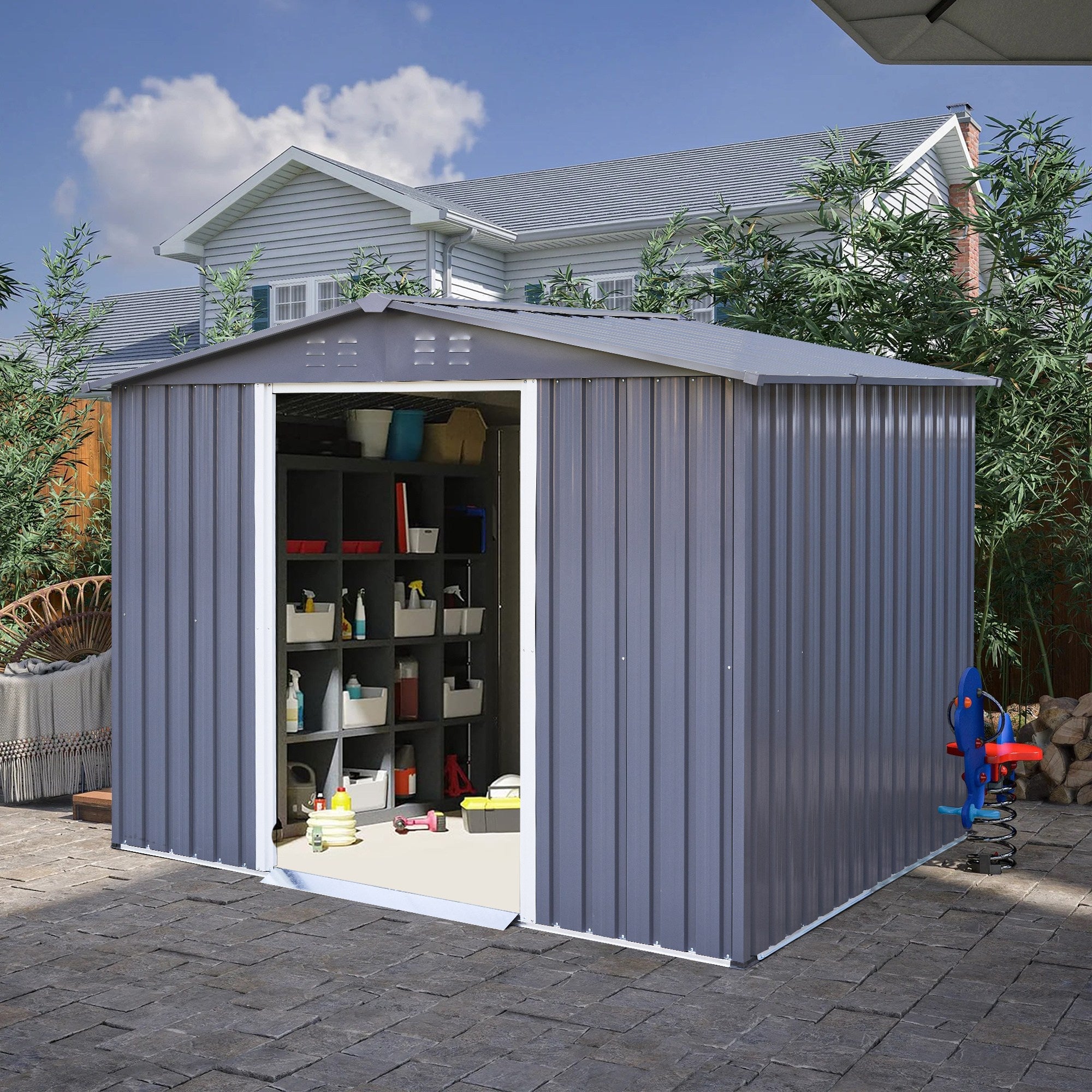 Outdoor Storage Shed 8 x 6 FT Large Metal Tool Sheds, Heavy Duty Storage House with Sliding Doors with Air Vent for Backyard Patio Lawn to Store Bikes, Tools, Lawnmowers Dark Grey - Premium Carports from Rapidvehicles - Just $459.92! Shop now at Rapidvehicles