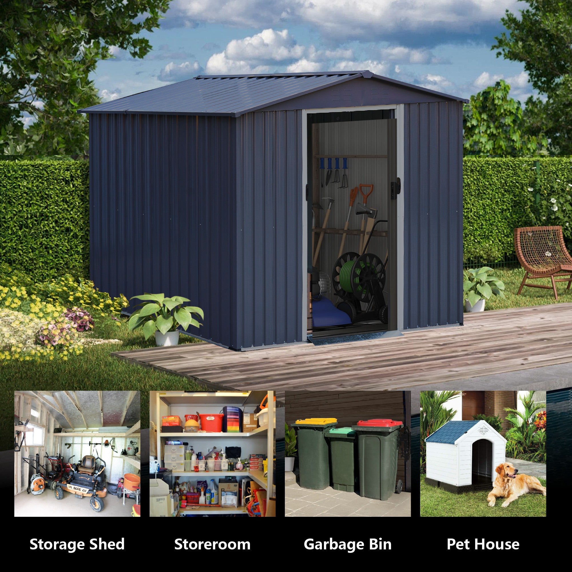 Outdoor Storage Shed 8 x 6 FT Large Metal Tool Sheds, Heavy Duty Storage House with Sliding Doors with Air Vent for Backyard Patio Lawn to Store Bikes, Tools, Lawnmowers Dark Grey - Premium Carports from Rapidvehicles - Just $459.92! Shop now at Rapidvehicles