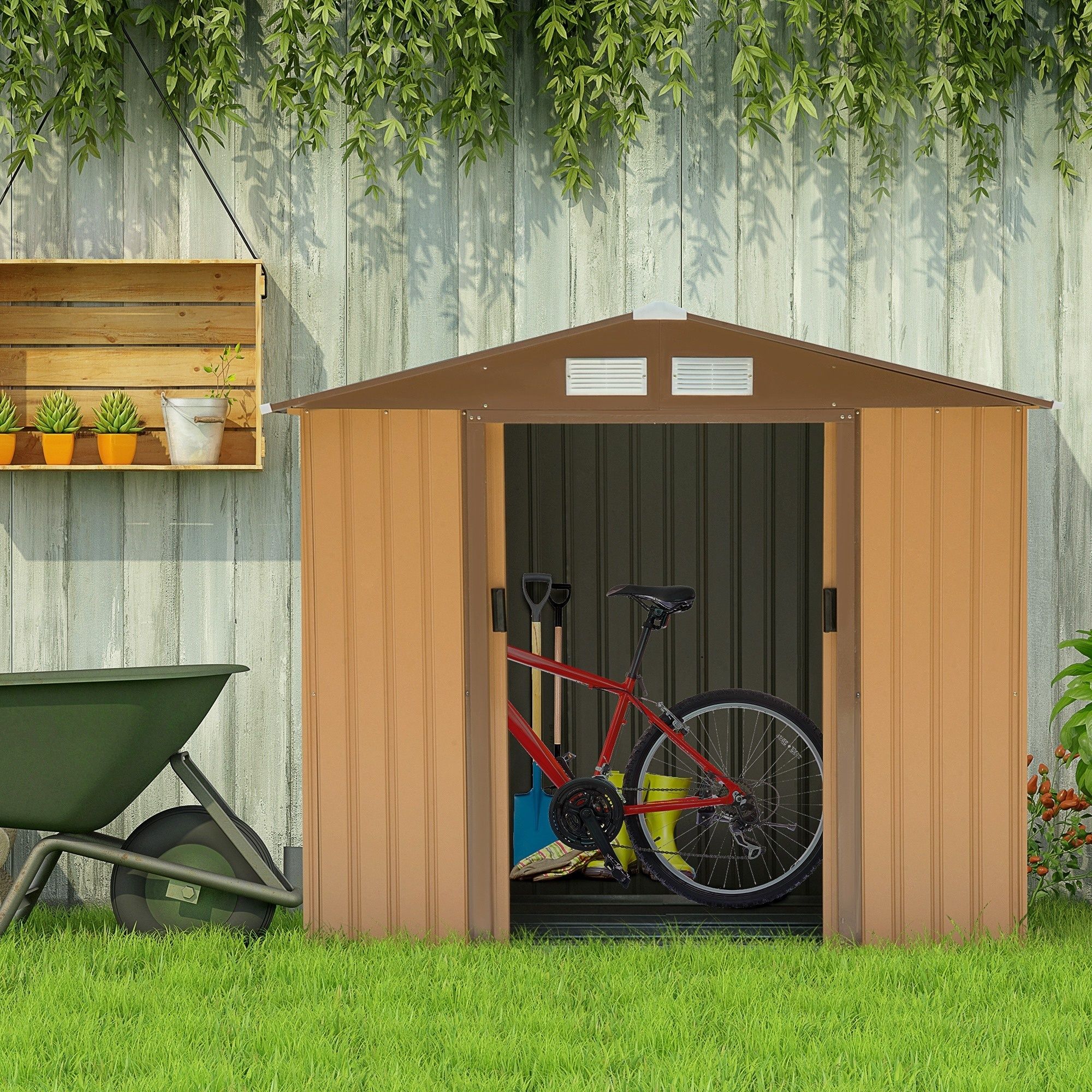 Outsunny 7' x 4' Outdoor Storage Shed, Garden Tool House with Foundation, 4 Vents and 2 Easy Sliding Doors for Backyard, Patio, Garage, Lawn, Yellow - Premium Carports from Rapidvehicles - Just $391.99! Shop now at Rapidvehicles