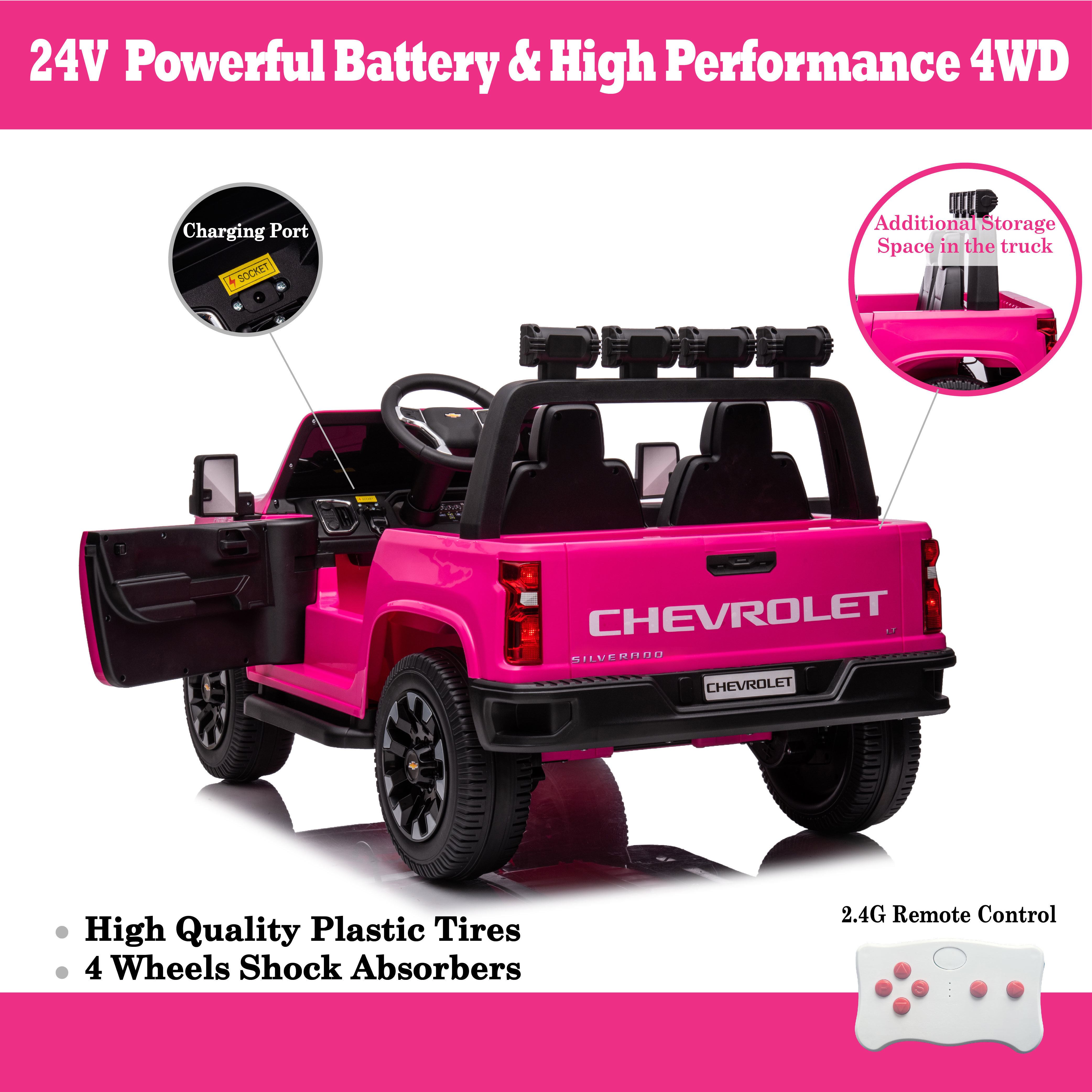 Pink, 24V 2 Seater Ride On Truck Car, Licensed Chevrolet Silverado HD Electric Car for Kids, 4WDmotors, with2.4G Remote Control, Metal Suspension, Soft Start, FM/Bluetooth/Music, LED Light,Toys Gifts - Premium Kids' Bikes from Rapidvehicles - Just $361.38! Shop now at Rapidvehicles