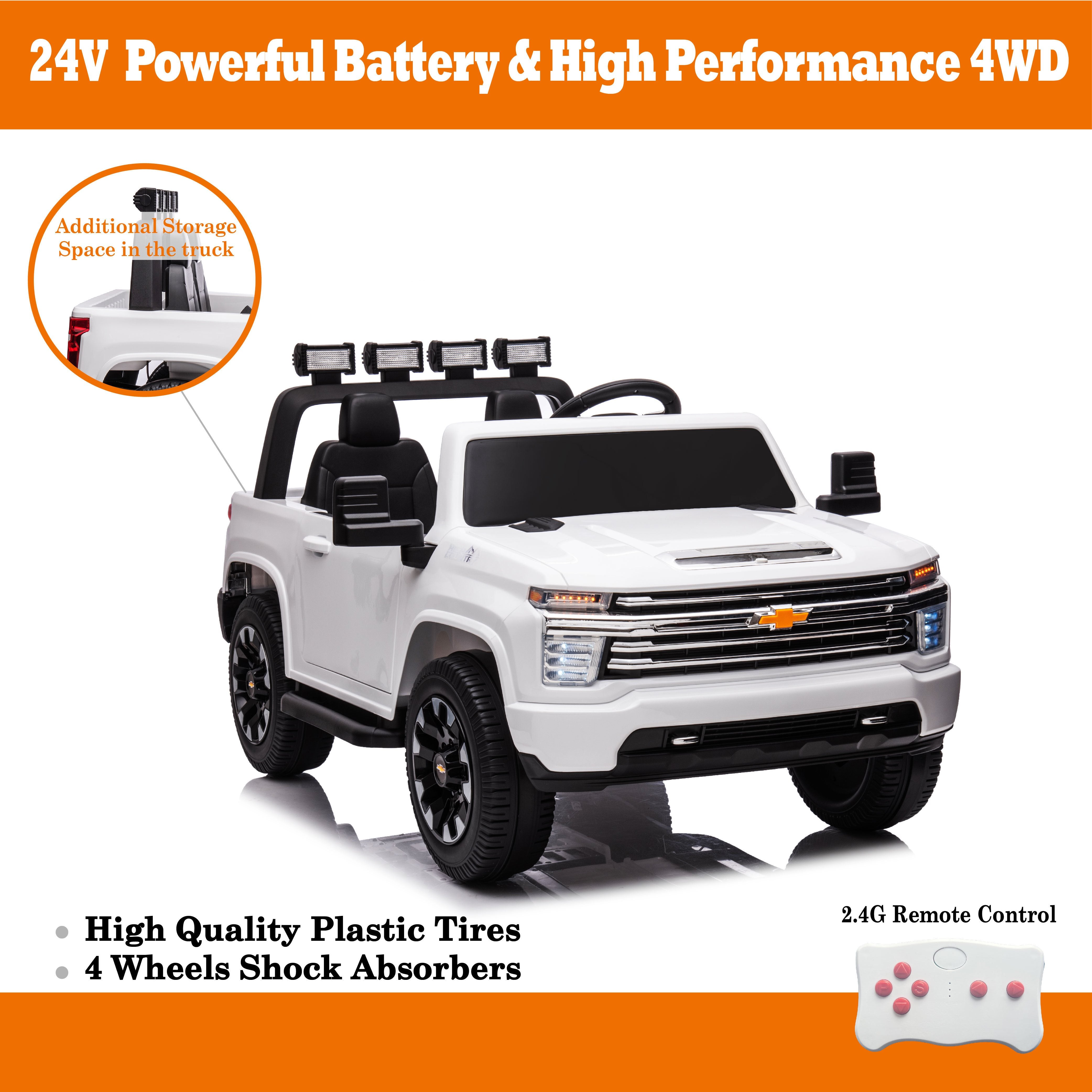 White, 24V 2 Seater Ride On Truck Car, Licensed Chevrolet Silverado HD Electric Car for Kids, 4WDmotors, with2.4G Remote Control, Metal Suspension, Soft Start, FM/Bluetooth/Music, LED Light,Toys Gifts - Premium Kids' Bikes from Rapidvehicles - Just $361.38! Shop now at Rapidvehicles