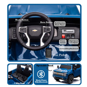 Blue, 24V 2 Seater Ride On Truck Car, Licensed Chevrolet Silverado HD Electric Car for Kids, 4WDmotors, with 2.4G Remote Control, Metal Suspension, Soft Start, FM/Bluetooth/Music, LED Light,Toys Gifts - Premium Kids' Bikes from Rapidvehicles - Just $361.38! Shop now at Rapidvehicles