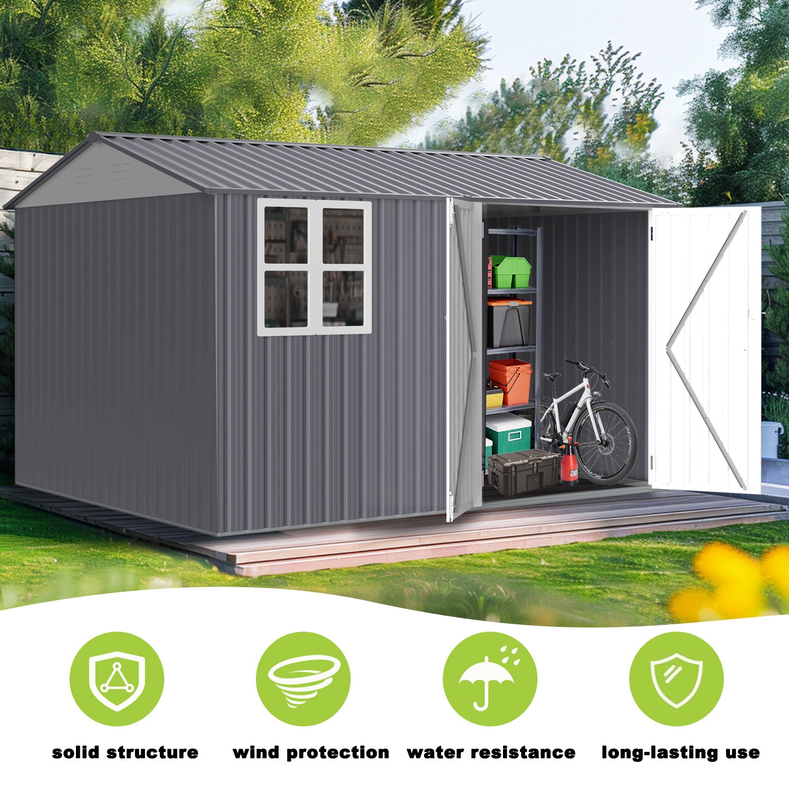 8X10FT Outdoor Storage Shed with Thickened Galvanized Steel,with Sloped Roof & Double Lockable Door,Storage Shed Large with 6 Vents, Garden Tool Shed for Backyard Garden Patio Lawn Bike,Lawnmower - Premium Carports from Rapidvehicles - Just $624.34! Shop now at Rapidvehicles