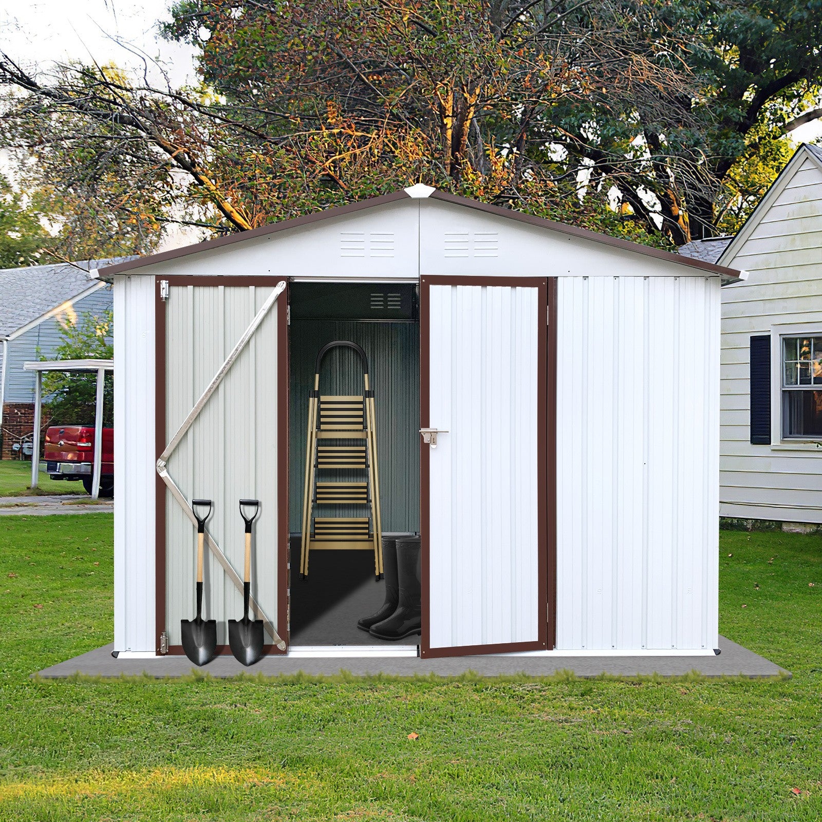 Metal garden sheds 10ftx8ft outdoor storage sheds white+coffee - Premium Carports from Rapidvehicles - Just $541.91! Shop now at Rapidvehicles