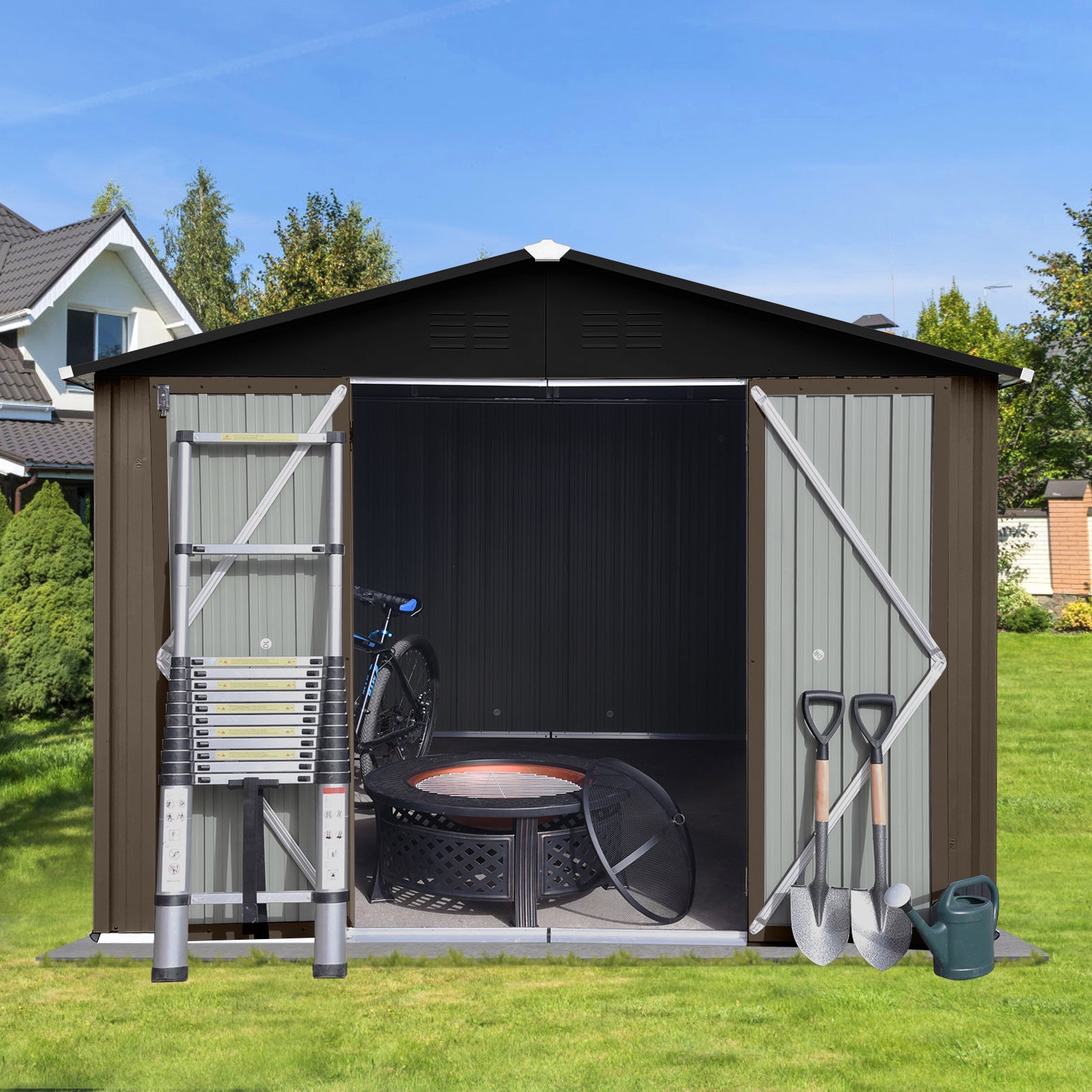 Metal garden sheds 10ft?8ft outdoor storage sheds Brown + Black - Premium Carports from Rapidvehicles - Just $546.99! Shop now at Rapidvehicles