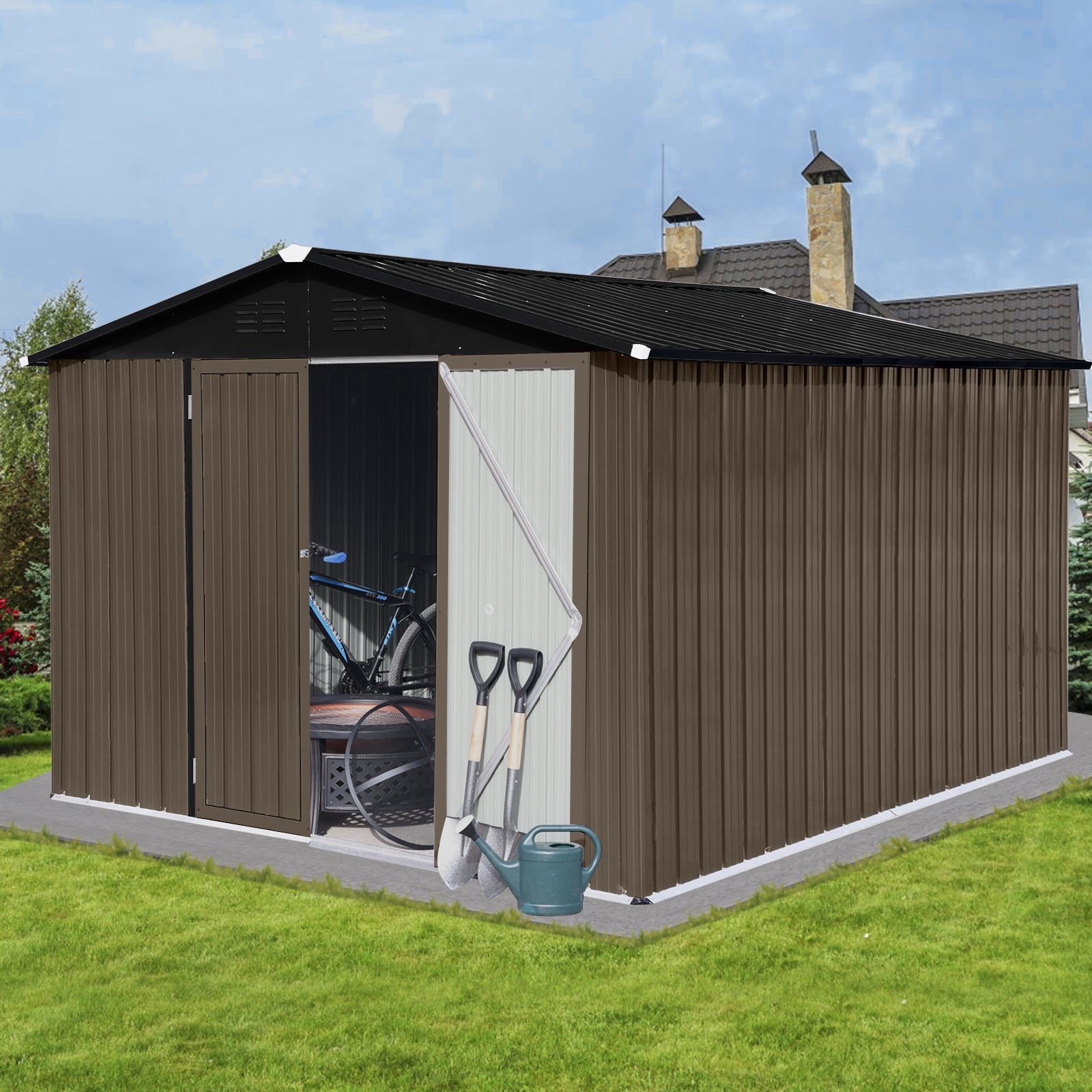 Metal garden sheds 10ft?8ft outdoor storage sheds Brown + Black - Premium Carports from Rapidvehicles - Just $546.99! Shop now at Rapidvehicles