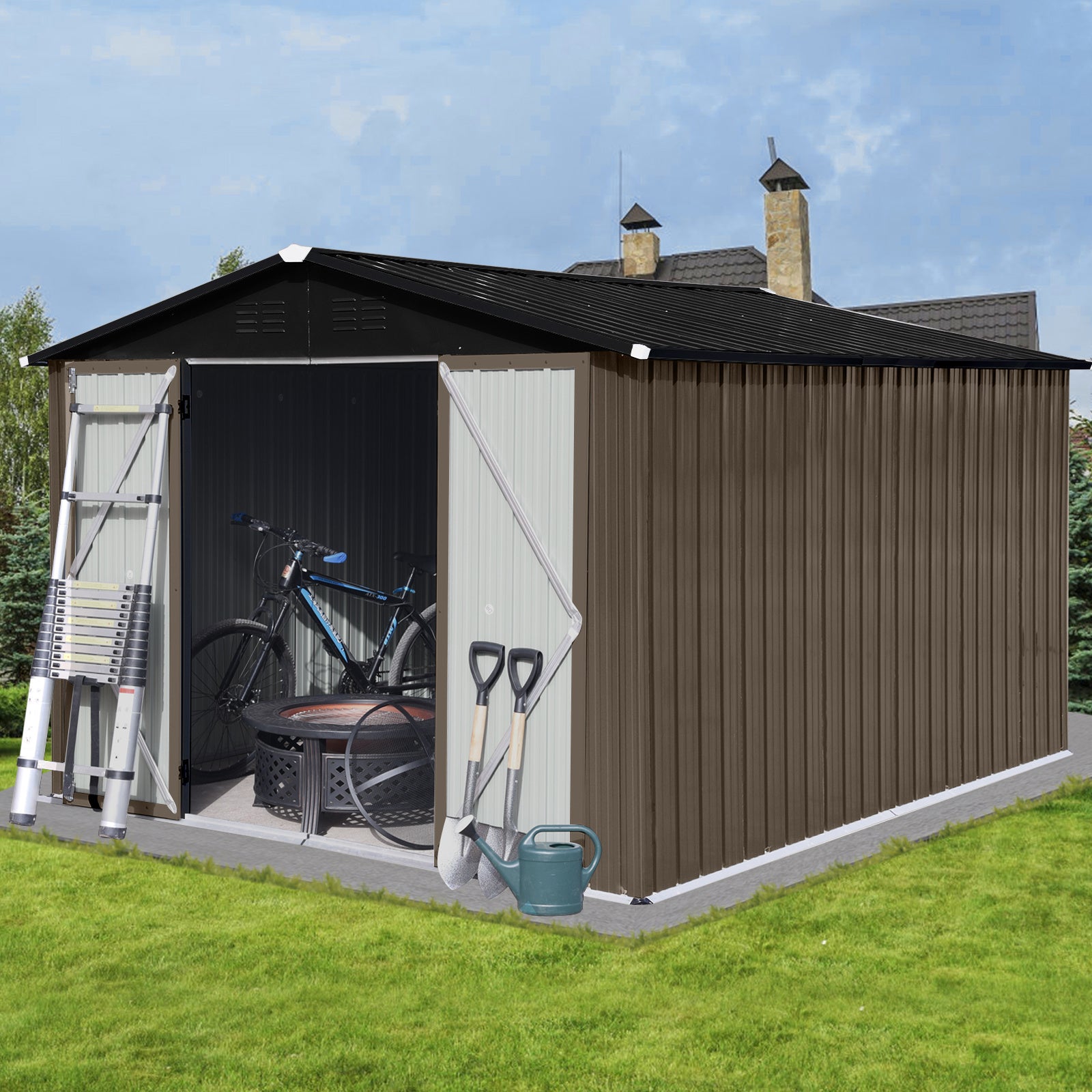 Metal garden sheds 10ft?8ft outdoor storage sheds Brown + Black - Premium Carports from Rapidvehicles - Just $541.91! Shop now at Rapidvehicles