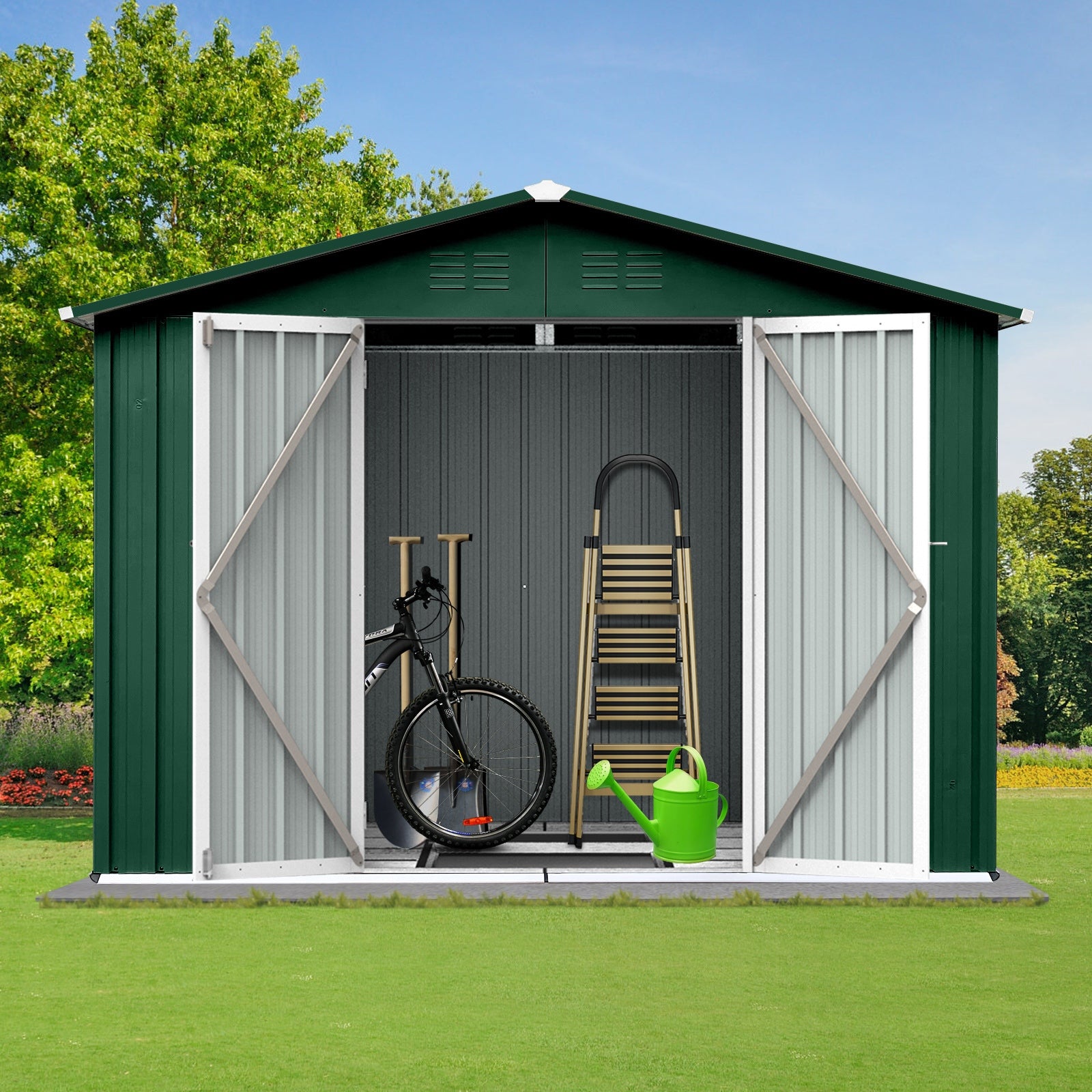 Metal garden sheds 6ftx8ft outdoor storage sheds Green+White - Premium Carports from Rapidvehicles - Just $419.99! Shop now at Rapidvehicles