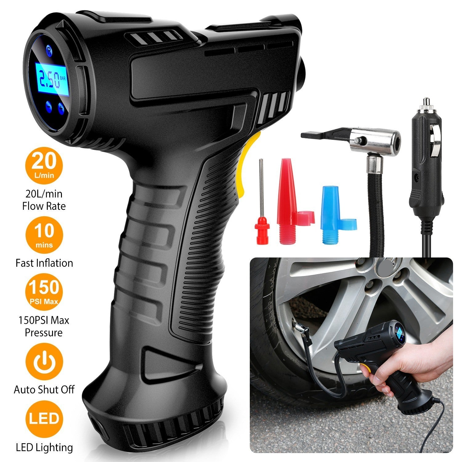 Portable Car Tire Inflator DC 12V Digital Car Air Pump Compressor Electric Air Pump with LED Light 150PSI - Premium Tire & Wheel Tools from Rapidvehicles - Just $41.99! Shop now at Rapidvehicles