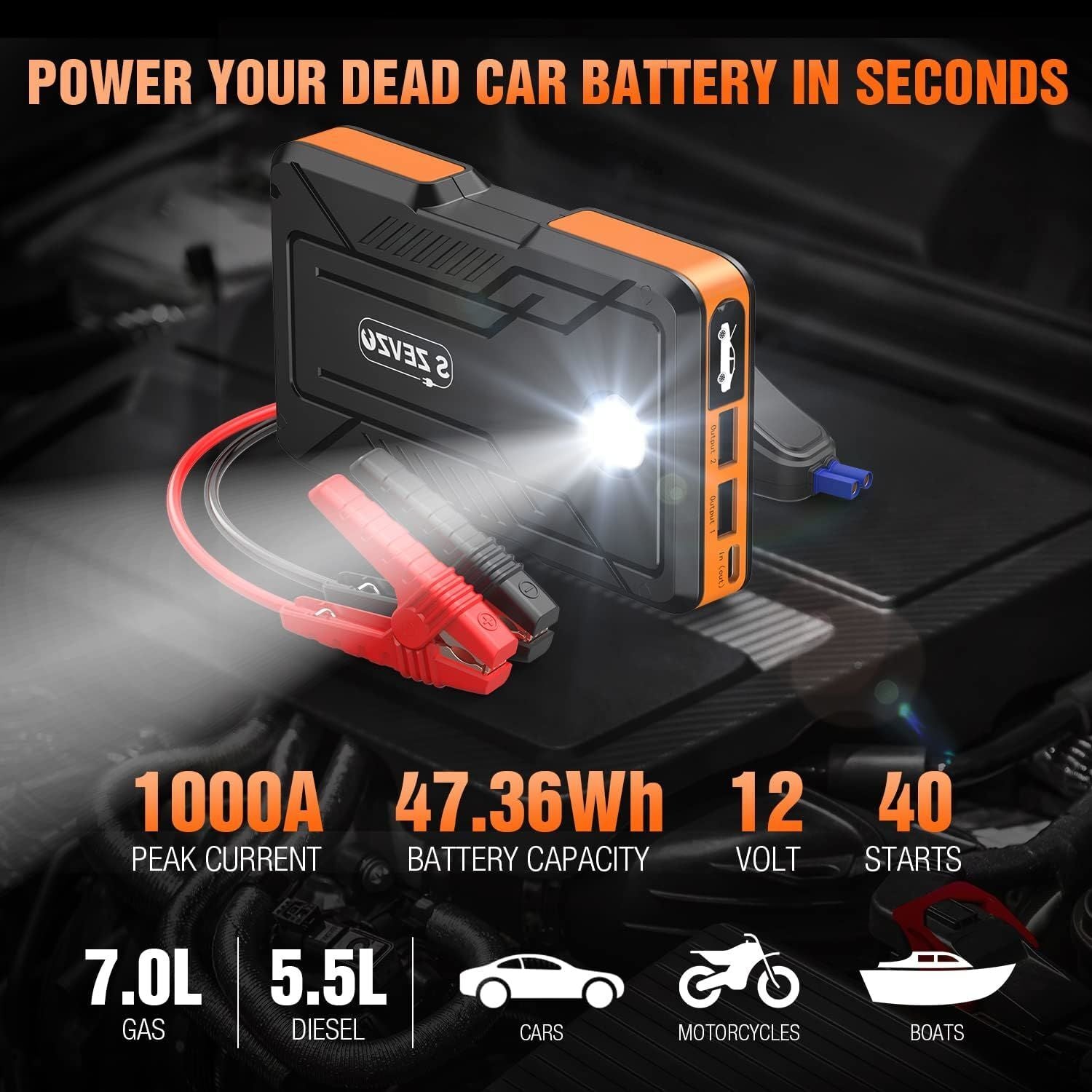 S ZEVZO Jump Starter 1000A Peak Portable Jump Starter for Car (Up to 7.0L Gas/5.5L Diesel Engine) 12V Auto Battery Booster Pack with Smart Clamp Cables, USB Charge, LED Flashlight Jump Box - Premium Jump Starters, Battery Chargers & Portable Power from Rapidvehicles - Just $66.99! Shop now at Rapidvehicles