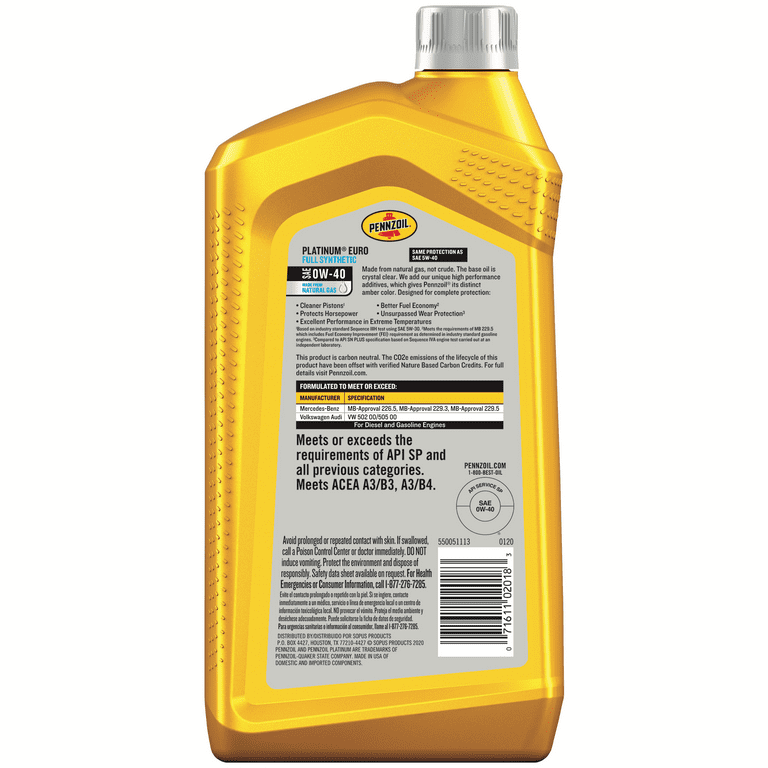 Pennzoil Platinum Euro Full Synthetic 0W-40 Motor Oil, 1 Quart - Premium Engine Oil from Pennzoil - Just $40.99! Shop now at Rapidvehicles