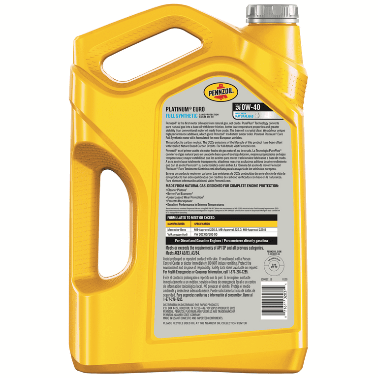 Pennzoil Platinum Euro Full Synthetic 0W-40 Motor Oil, 5 Quart - Premium Engine Oil from Pennzoil - Just $66.99! Shop now at Rapidvehicles