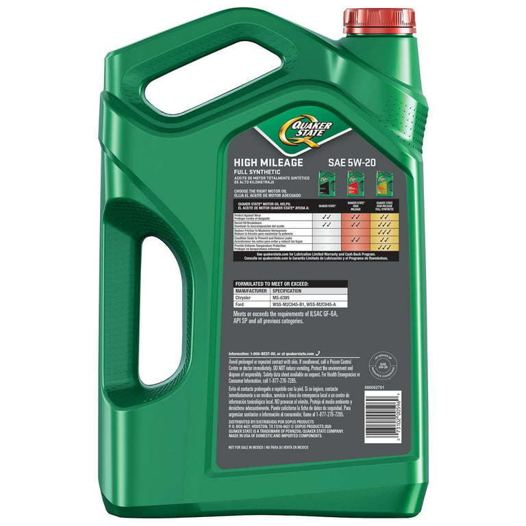 Quaker State High Mileage Full Synthetic 5W-20 Motor Oil, 5 Quart - Premium Engine Oil from Quaker State - Just $64.99! Shop now at Rapidvehicles