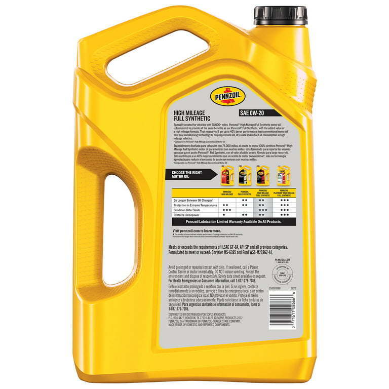 Pennzoil Full Synthetic High Mileage 0W-20 Motor Oil, 5 Quart - Premium Engine Oil from Pennzoil - Just $77.99! Shop now at Rapidvehicles