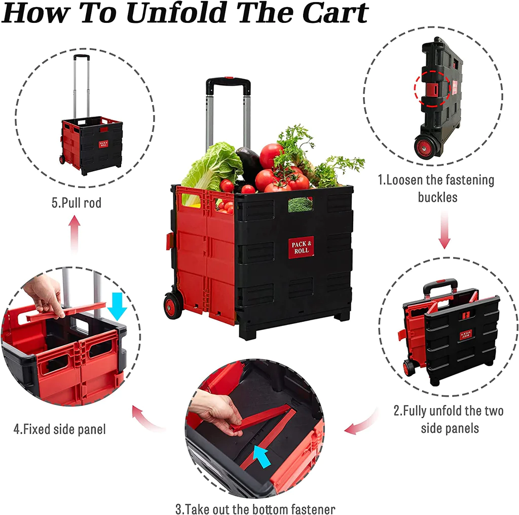 56L Large Folding Rolling Utility Shopping Cart, Black & Red/Green - Premium Parking Gadgets from bosonshop - Just $62.99! Shop now at Rapidvehicles