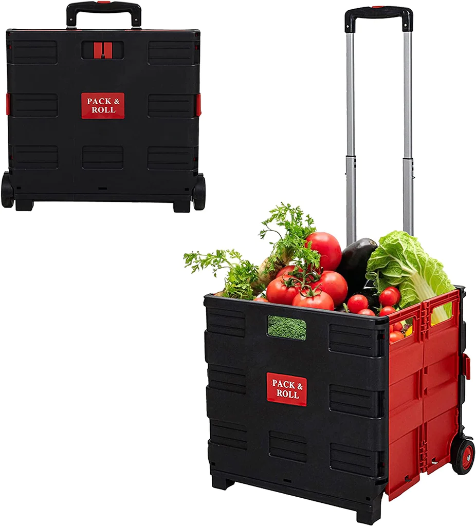 56L Large Folding Rolling Utility Shopping Cart, Black & Red/Green - Premium Parking Gadgets from bosonshop - Just $62.99! Shop now at Rapidvehicles