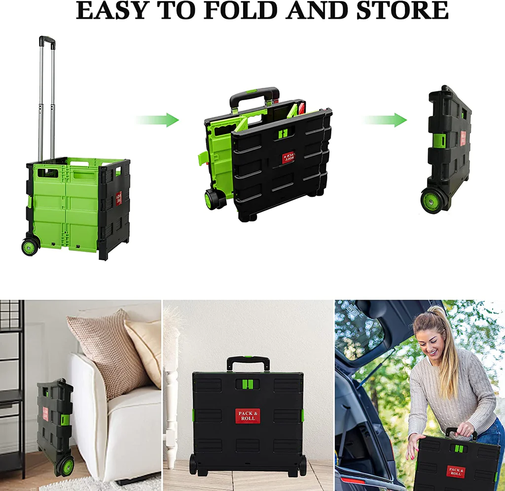 56L Large Folding Rolling Utility Shopping Cart, Black & Red/Green - Premium Parking Gadgets from bosonshop - Just $62.99! Shop now at Rapidvehicles